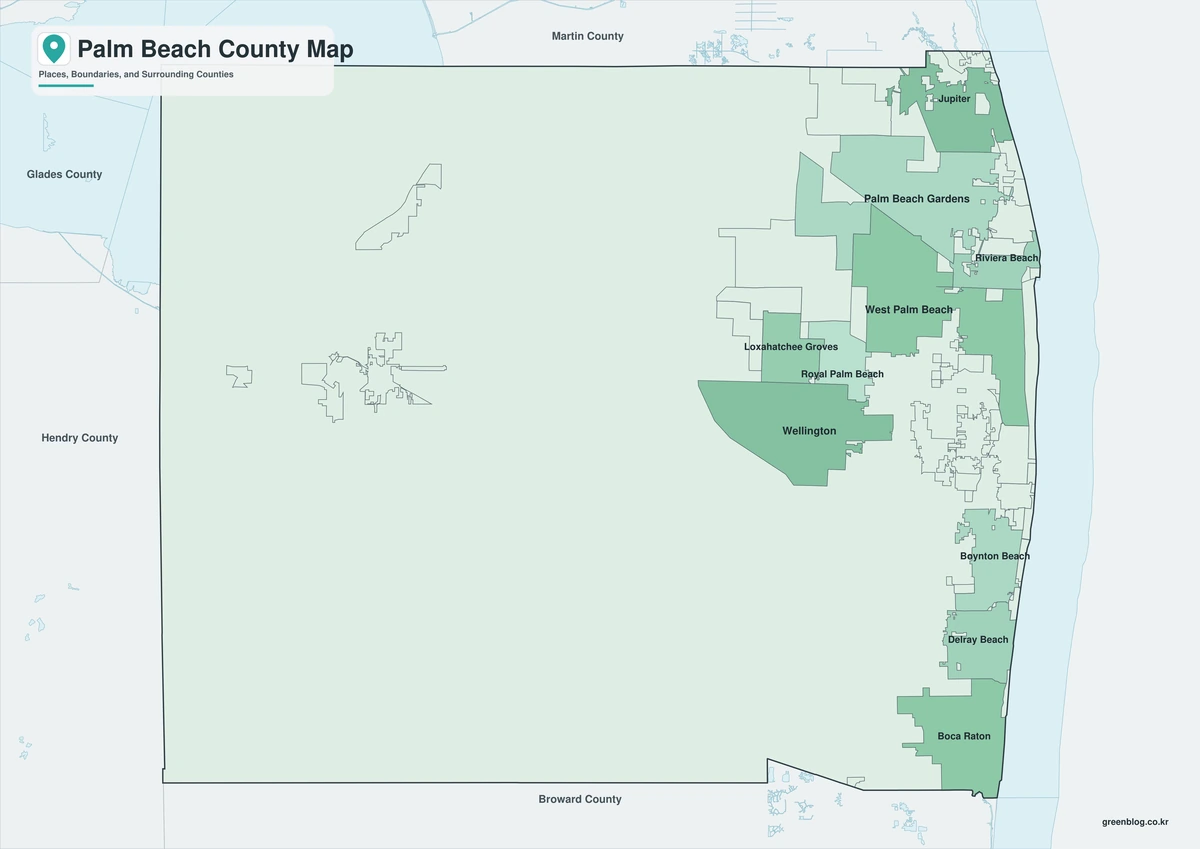 Color map of Palm Beach County Florida and neighboring counties