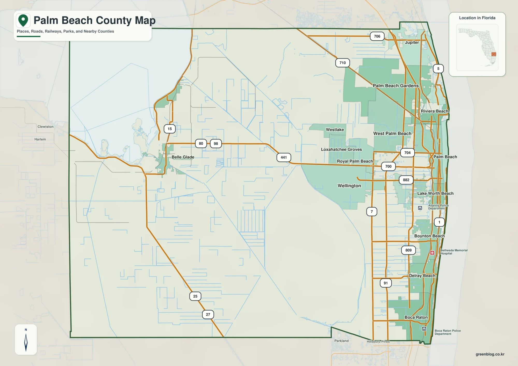 Palm Beach County Florida map showing West Palm Beach, Boca Raton, Belle Glade
