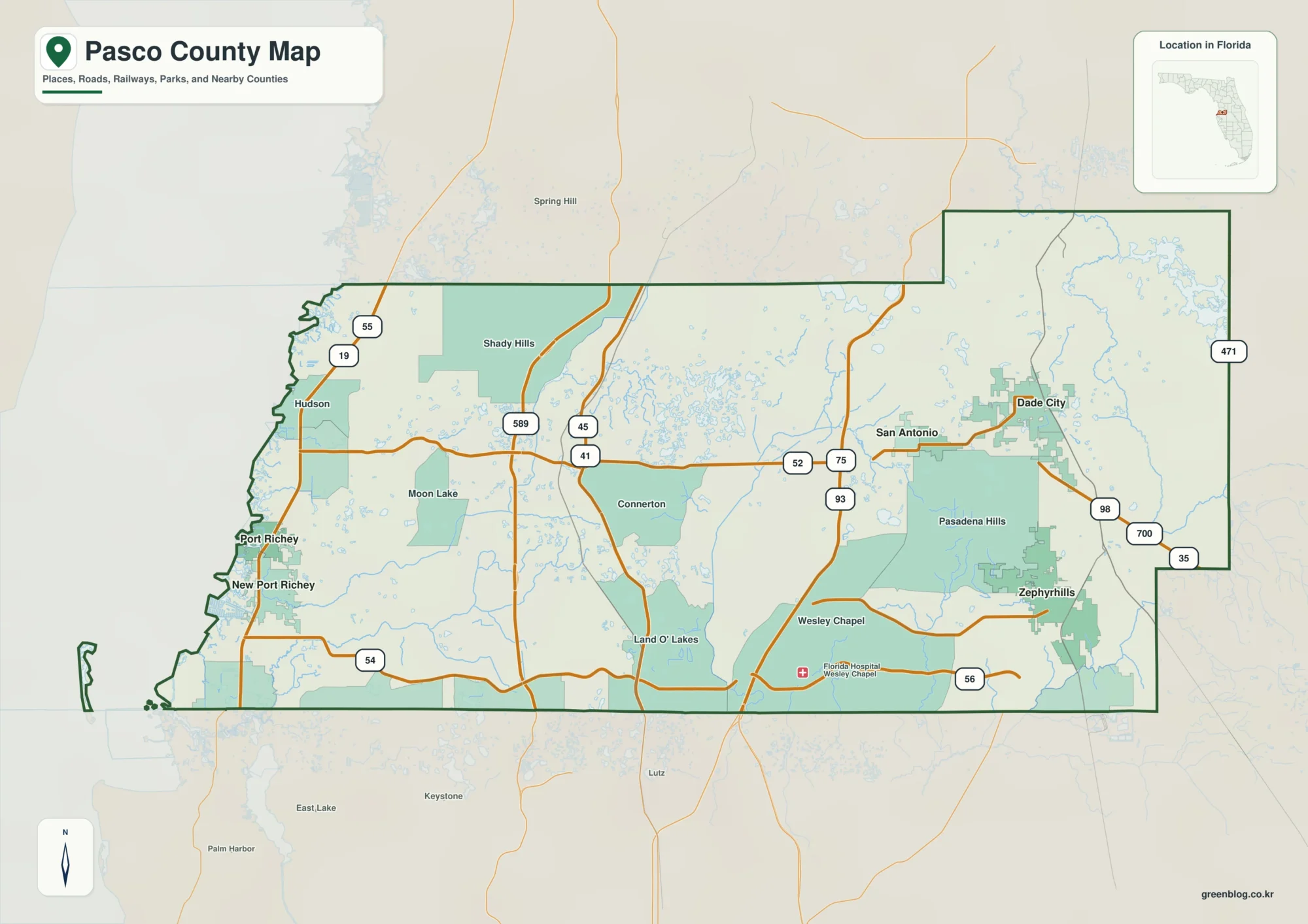 Pasco County Florida map showing Dade City, New Port Richey, Wesley Chapel