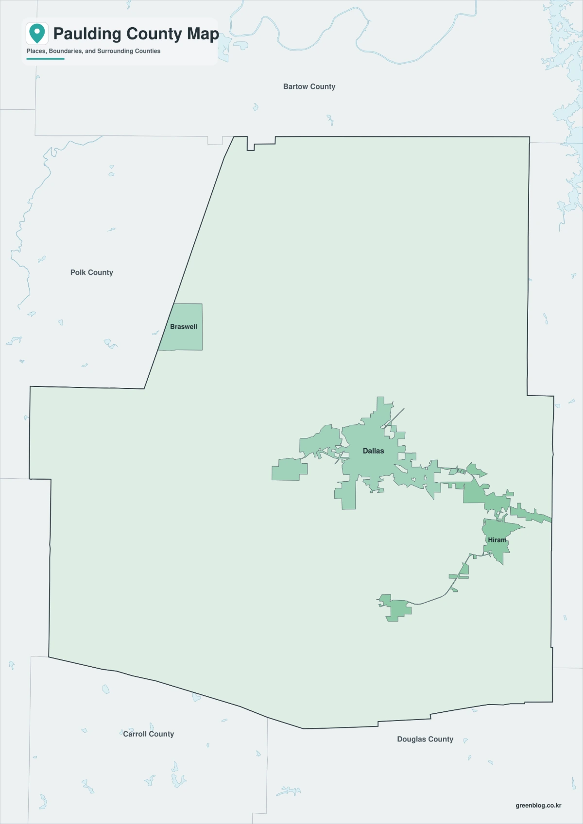 Paulding County Georgia map in color black and white and outline versions