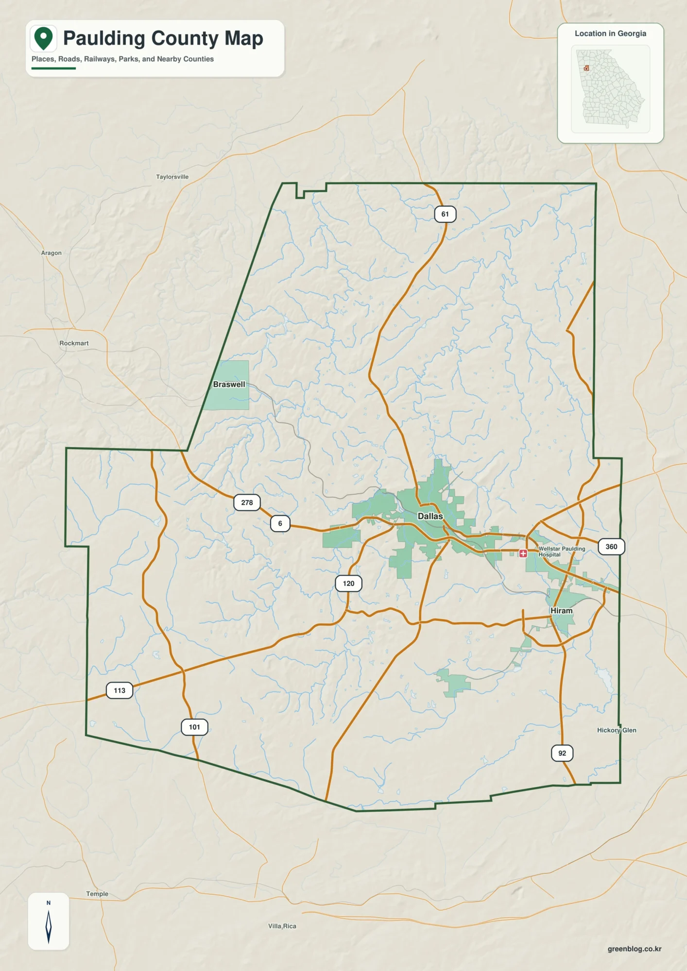 Paulding County Georgia map showing the county boundary and selected places