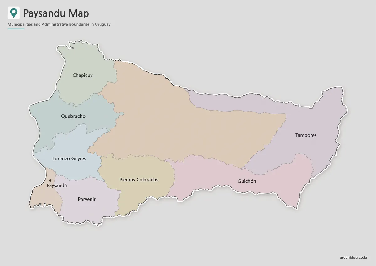 Paysandú map with nine municipalities and the Uruguay River border