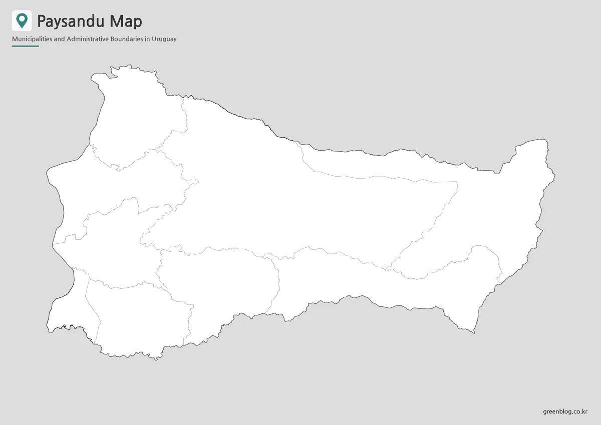 Editable Paysandú outline map with nine municipal divisions for custom data and annotations.