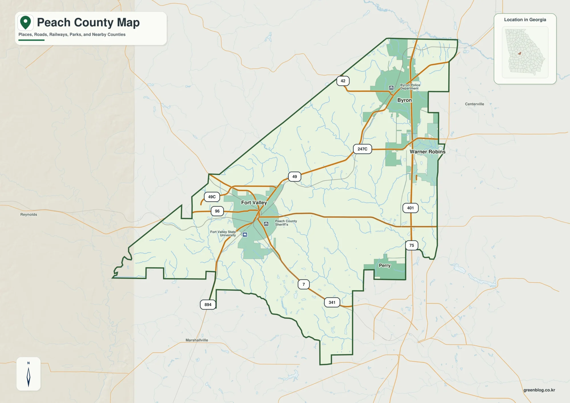 Peach County Georgia map showing the county boundary and selected places