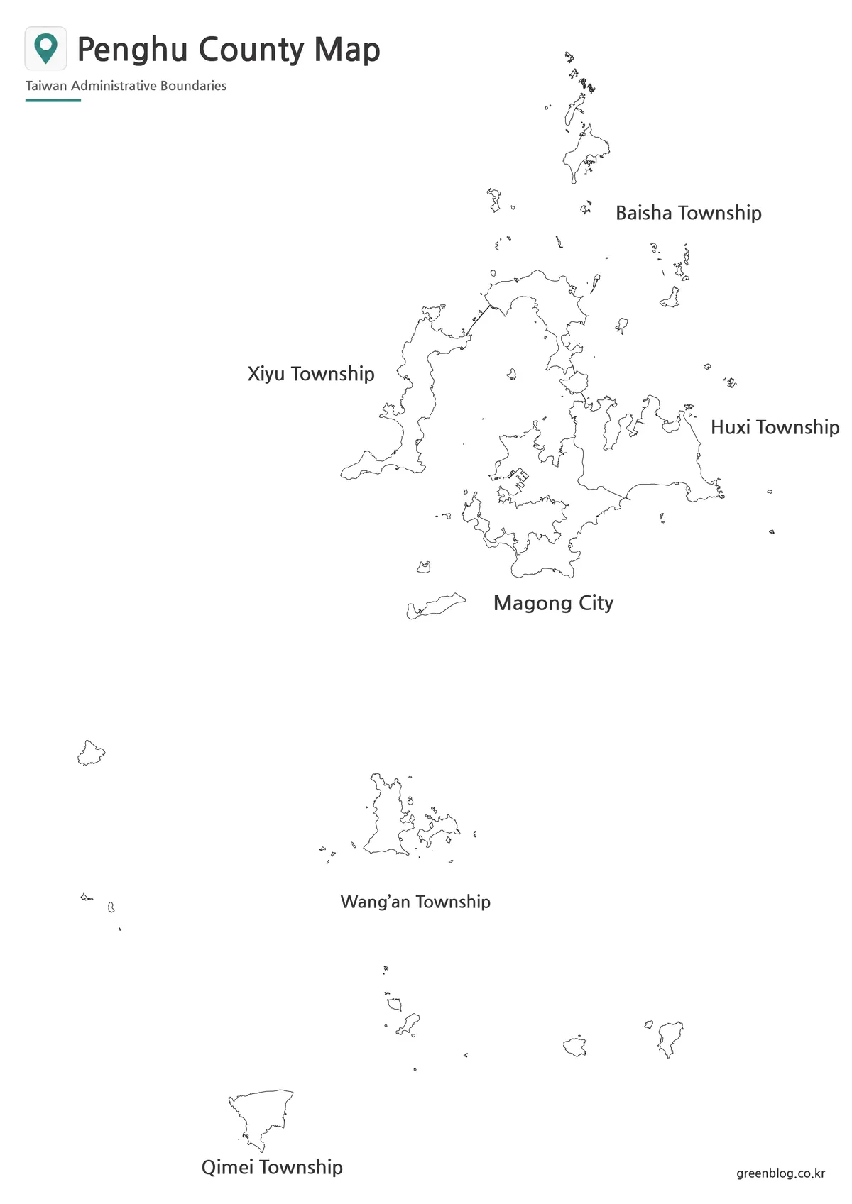 Black and white Penghu County map with labeled island groups and administrative boundary lines