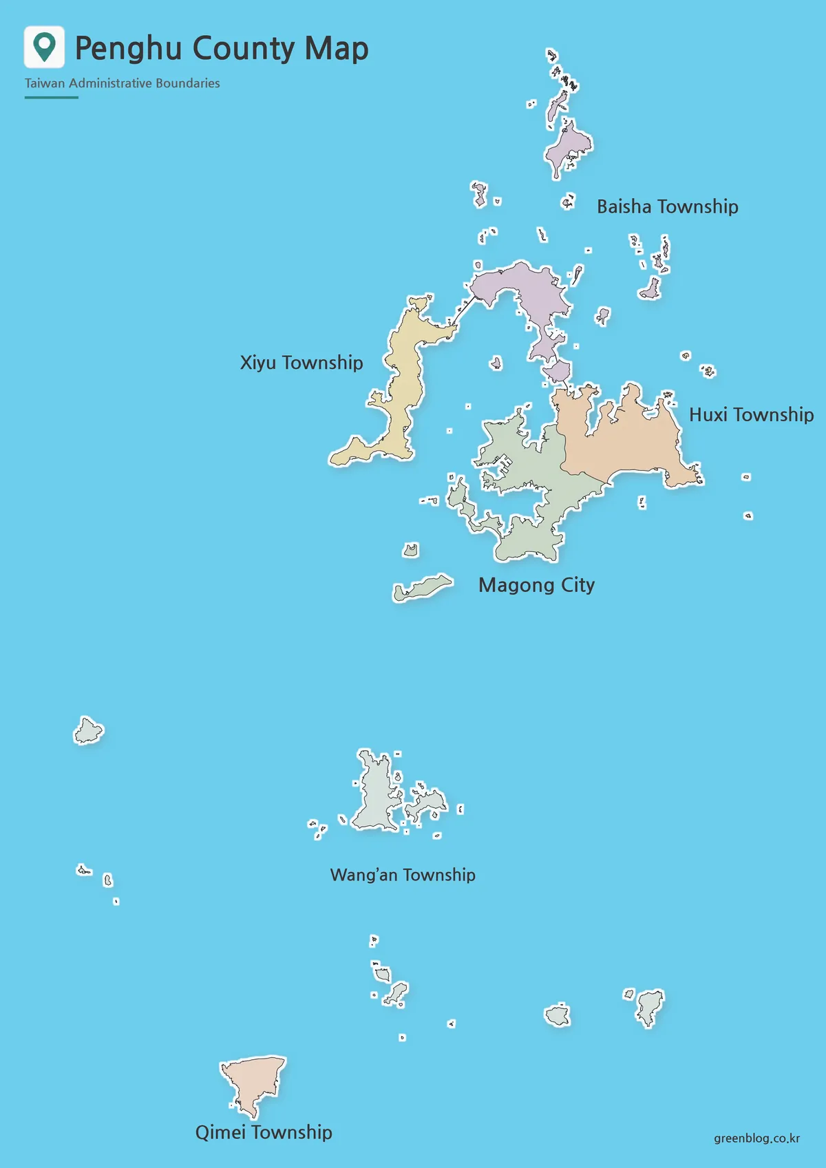 Printable Penghu County map with Magong City, Huxi, Baisha, Xiyu, Wang’an, and Qimei marked in color