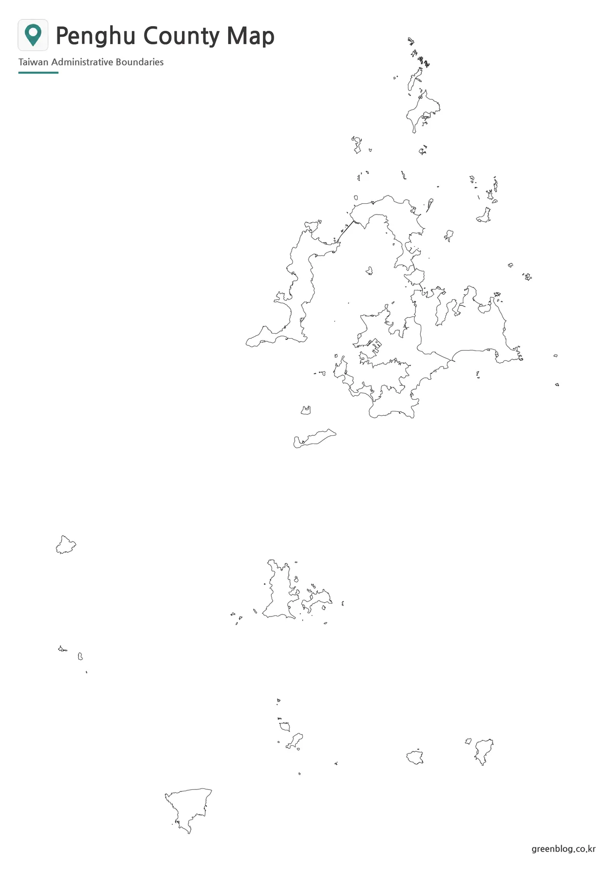 Editable Penghu County outline map with island coastlines and six administrative divisions