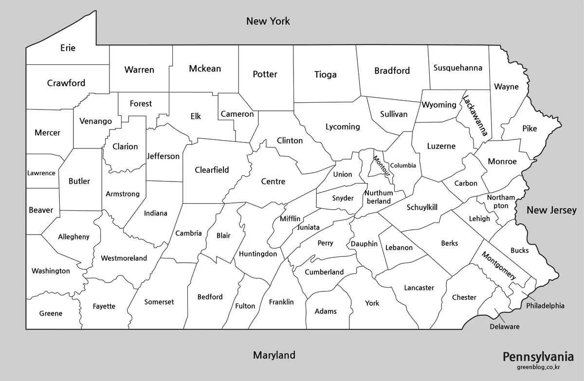 Printable black and white Pennsylvania map showing all 67 county boundaries