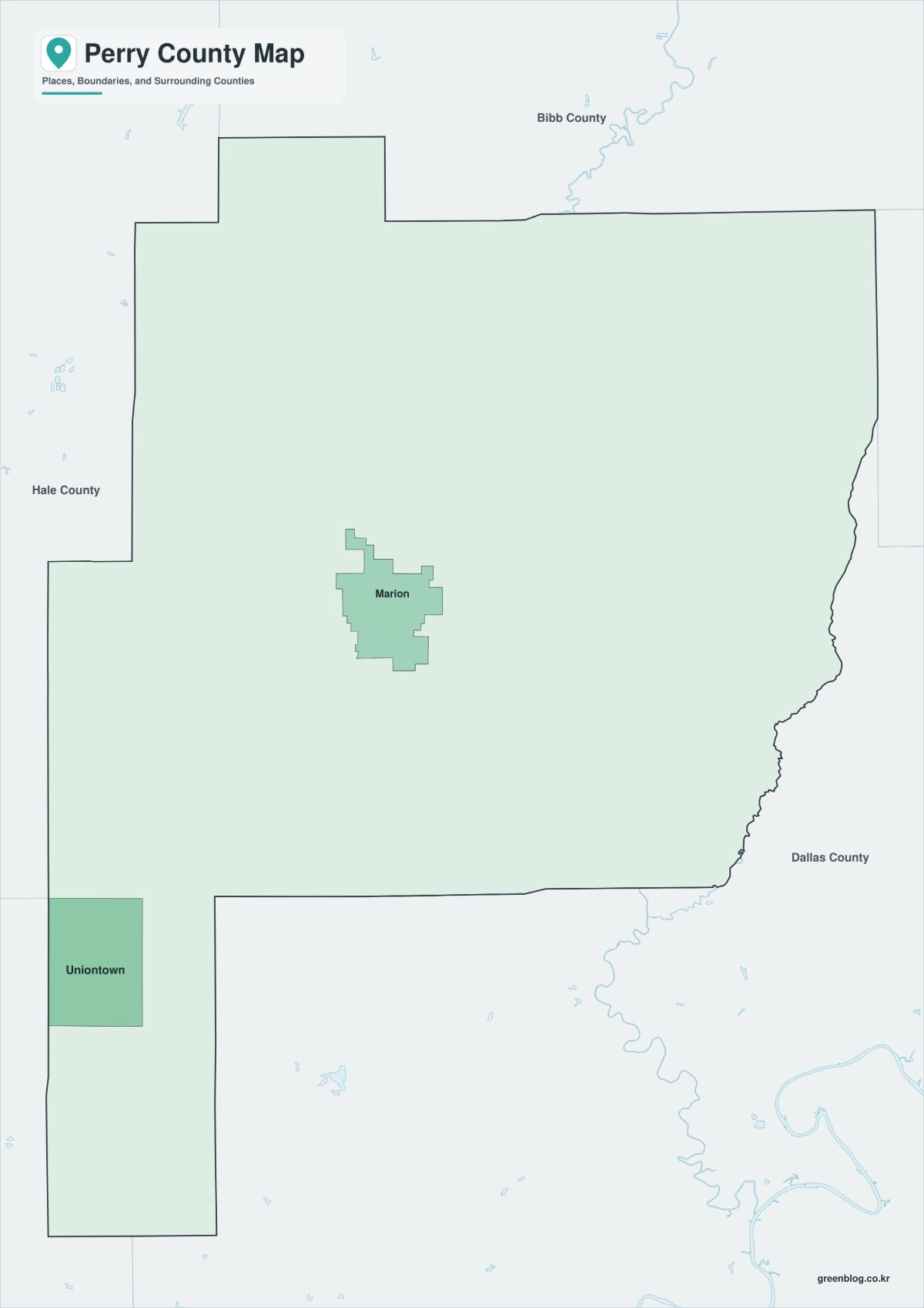 Perry County map color edition with Marion, Uniontown, and neighboring county boundaries