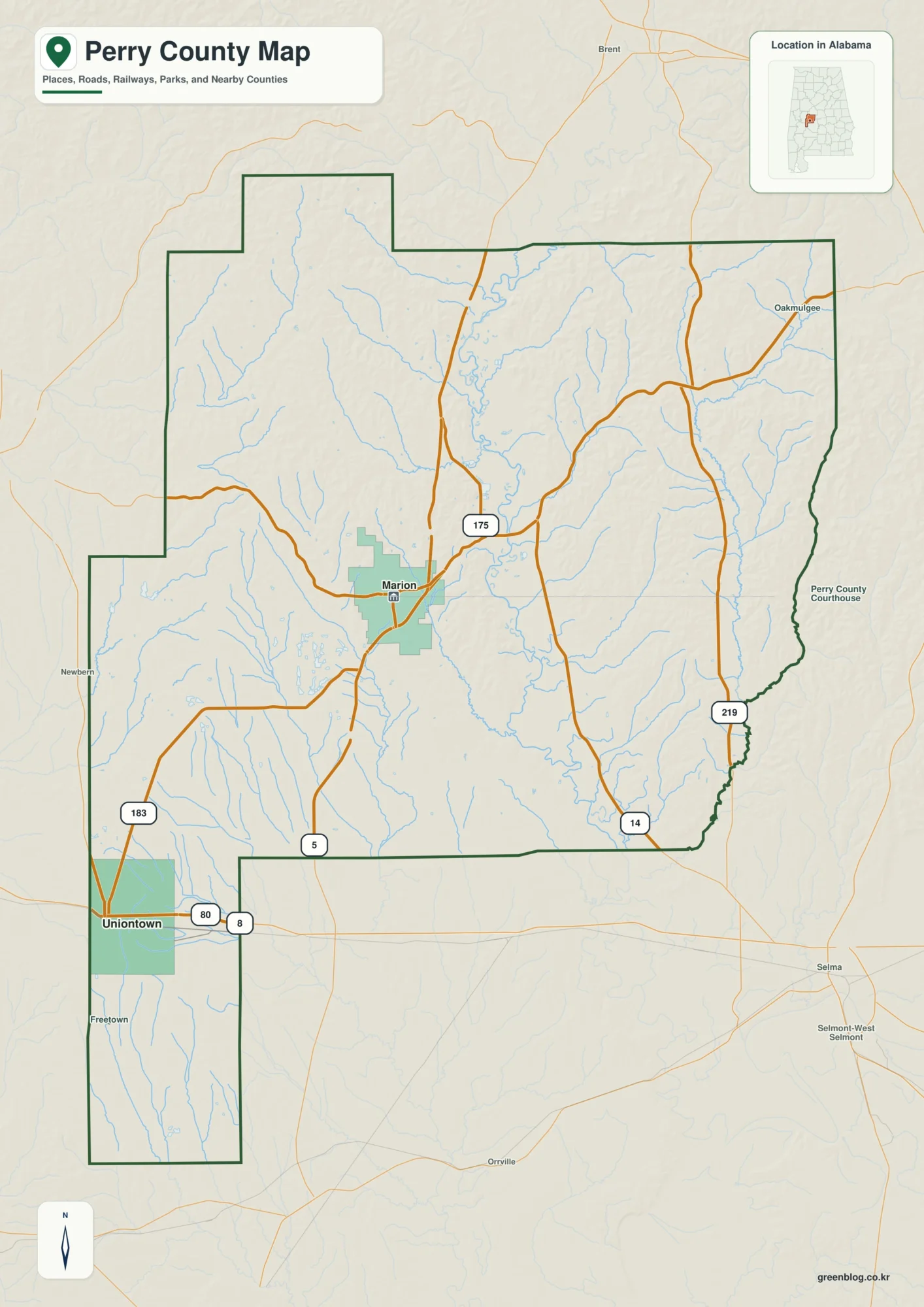 페리 카운티 Perry County 앨라배마 지도에서 카운티 경계와 주요 지명을 확인하는 지도