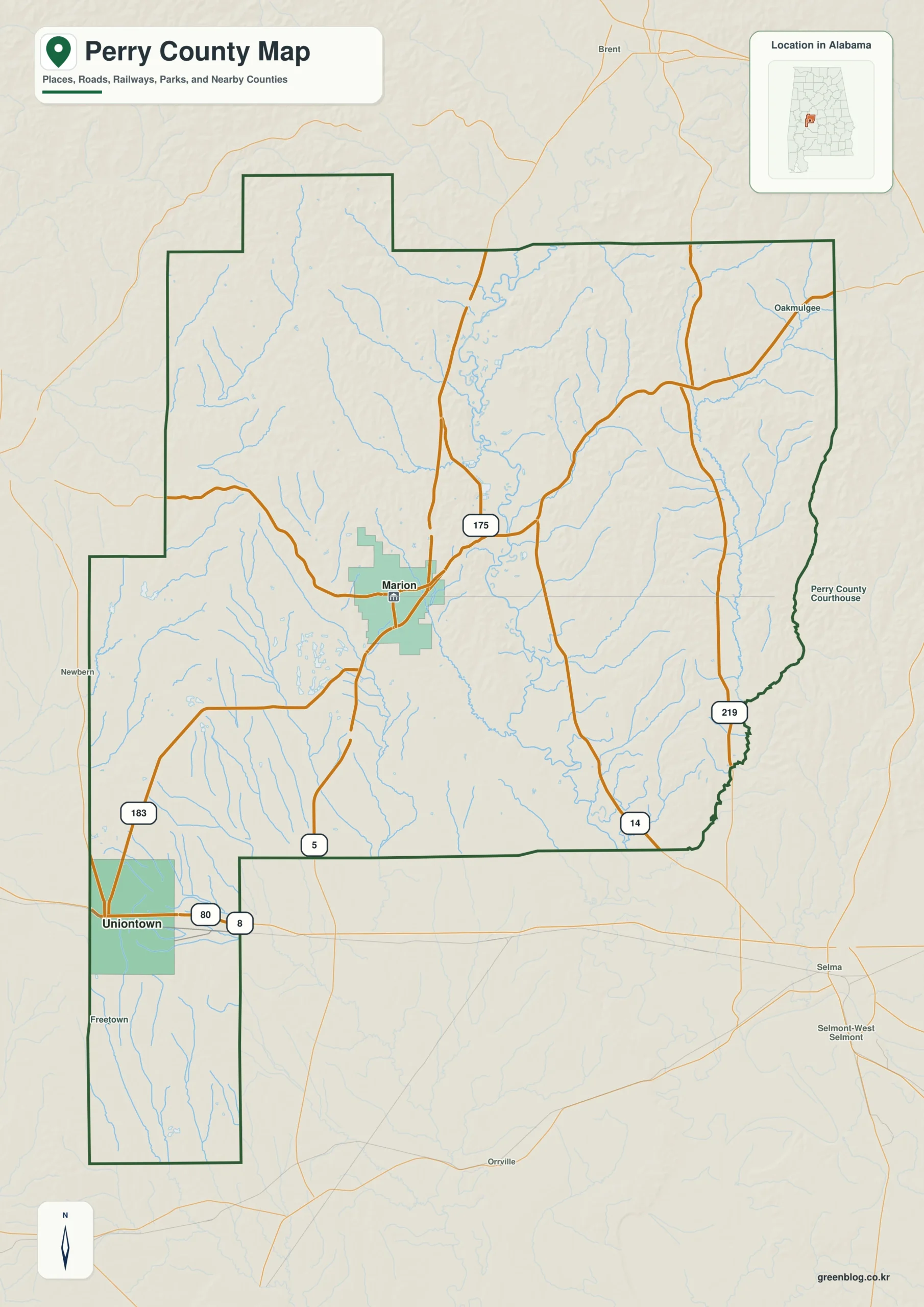 페리 카운티 Perry County 앨라배마 지도에서 카운티 경계와 주요 지명을 확인하는 지도