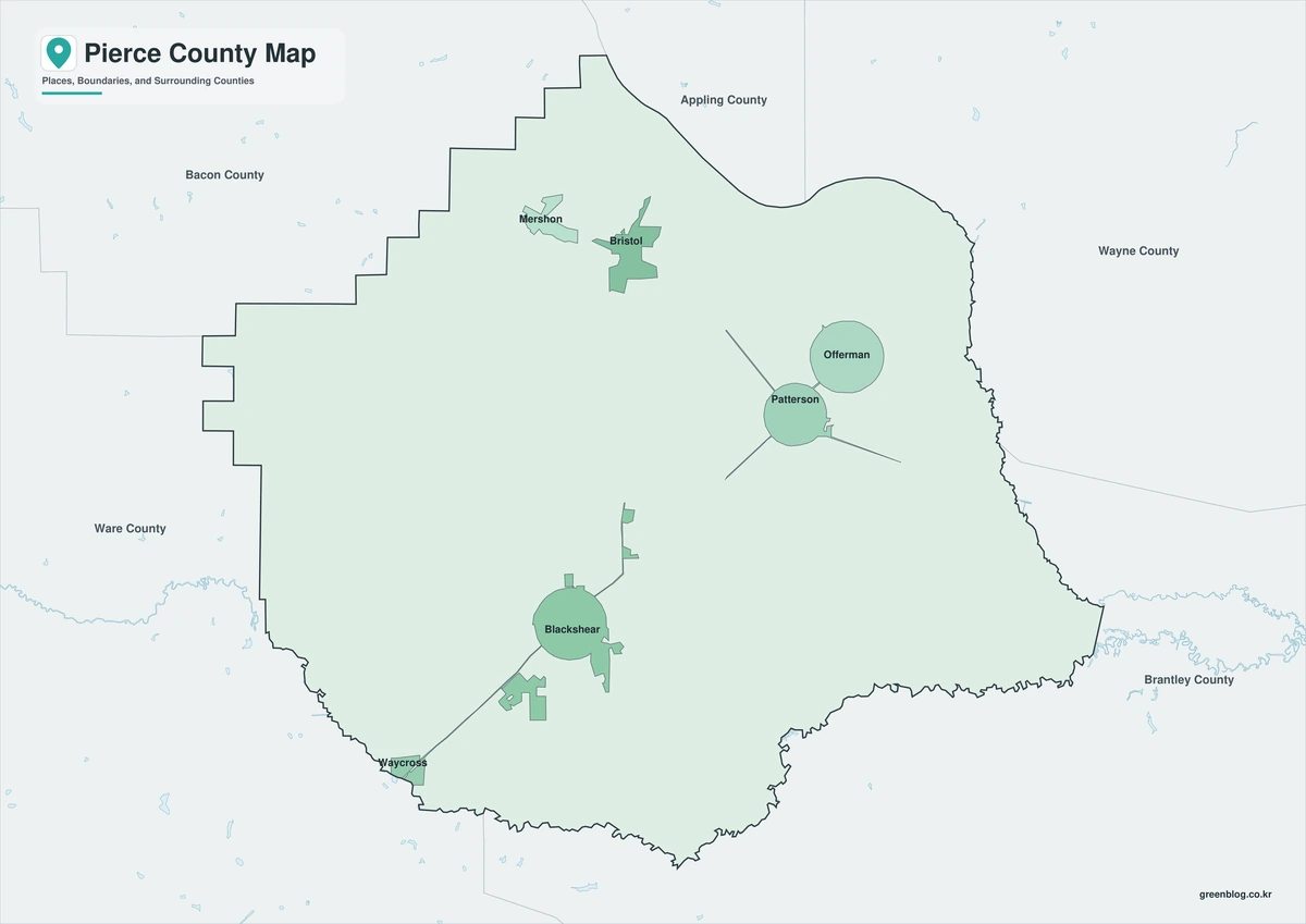 Pierce County Georgia map in color black and white and outline versions