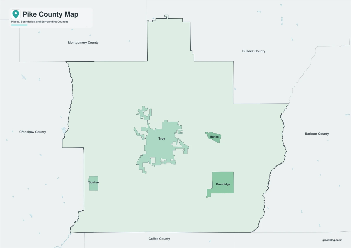 Pike County map color edition with Troy and surrounding county boundaries