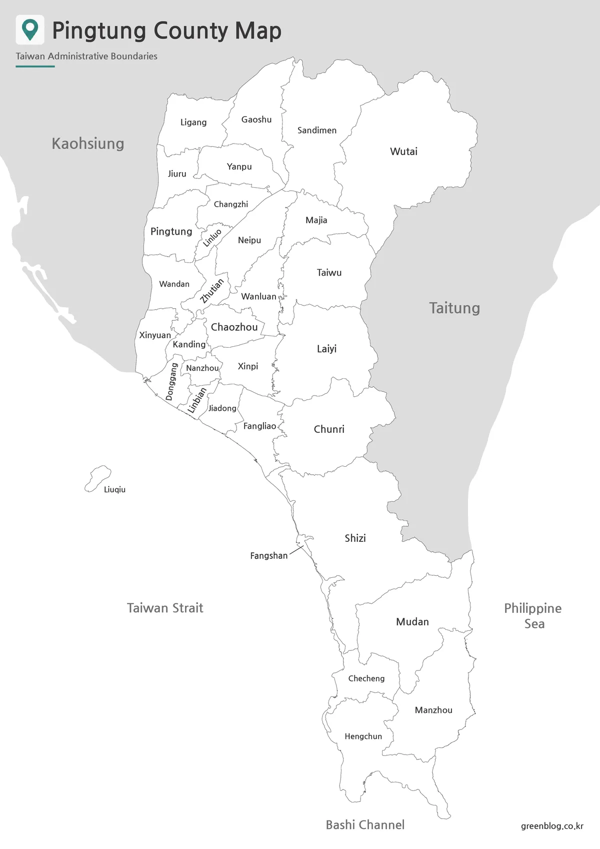 Black and white Pingtung County map with district boundaries and labels for document printing.