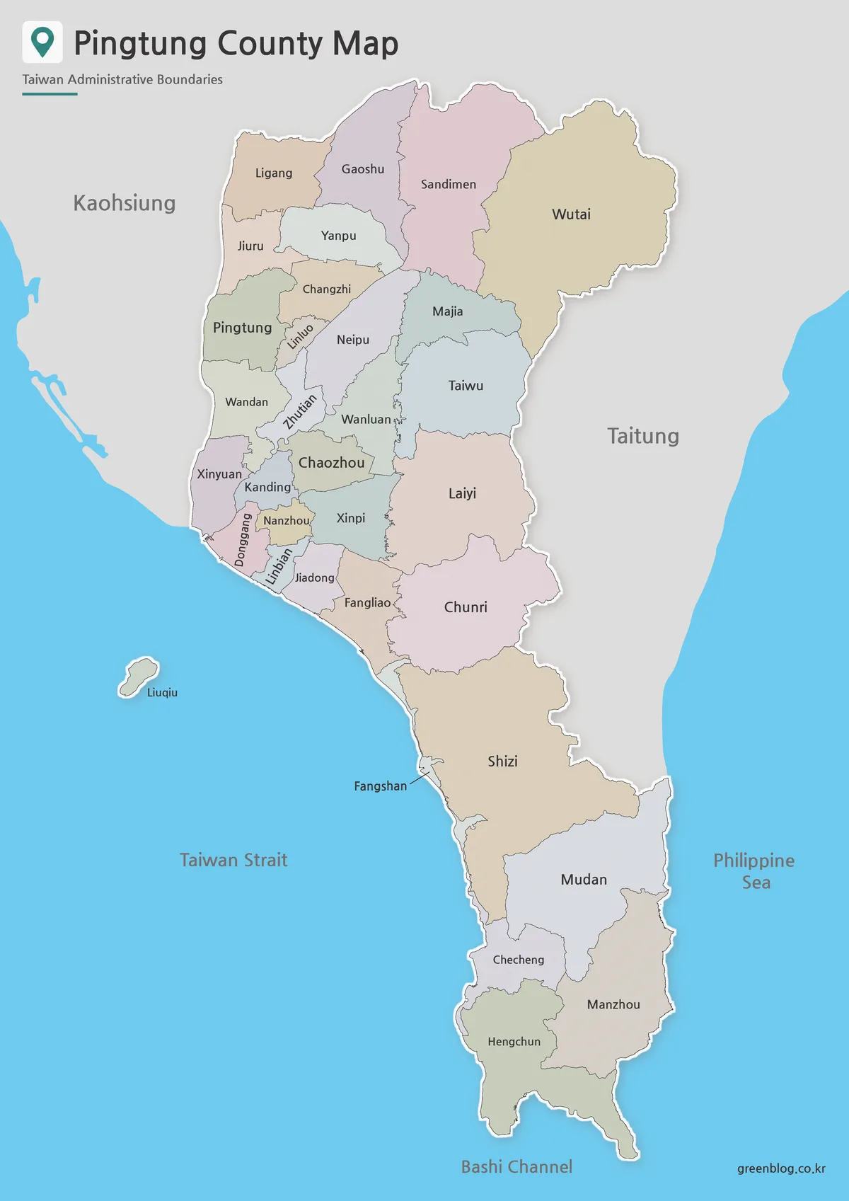 Printable Pingtung County map with color-coded administrative divisions in southern Taiwan.