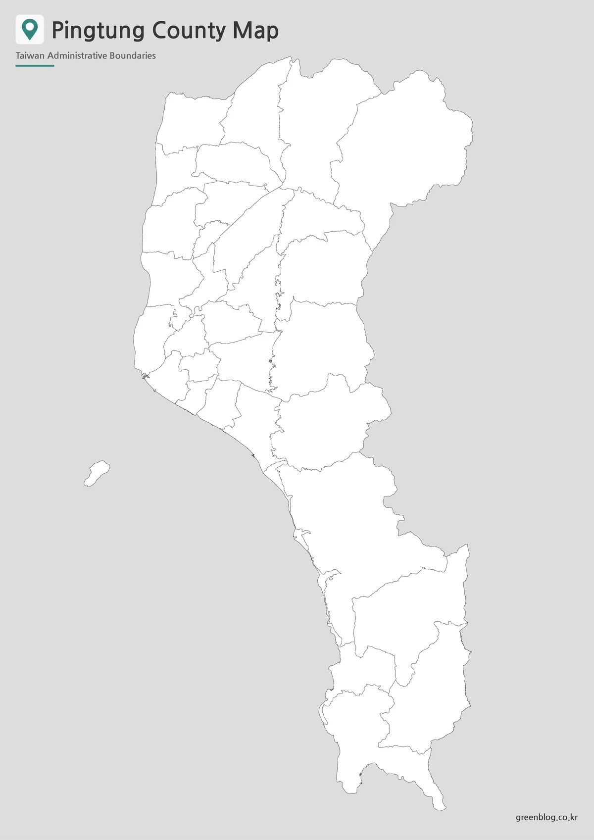 Pingtung County outline map with administrative boundary lines for editing and educational use.