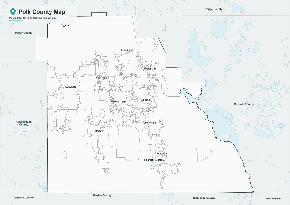 Black-and-white Polk County map with selected place labels