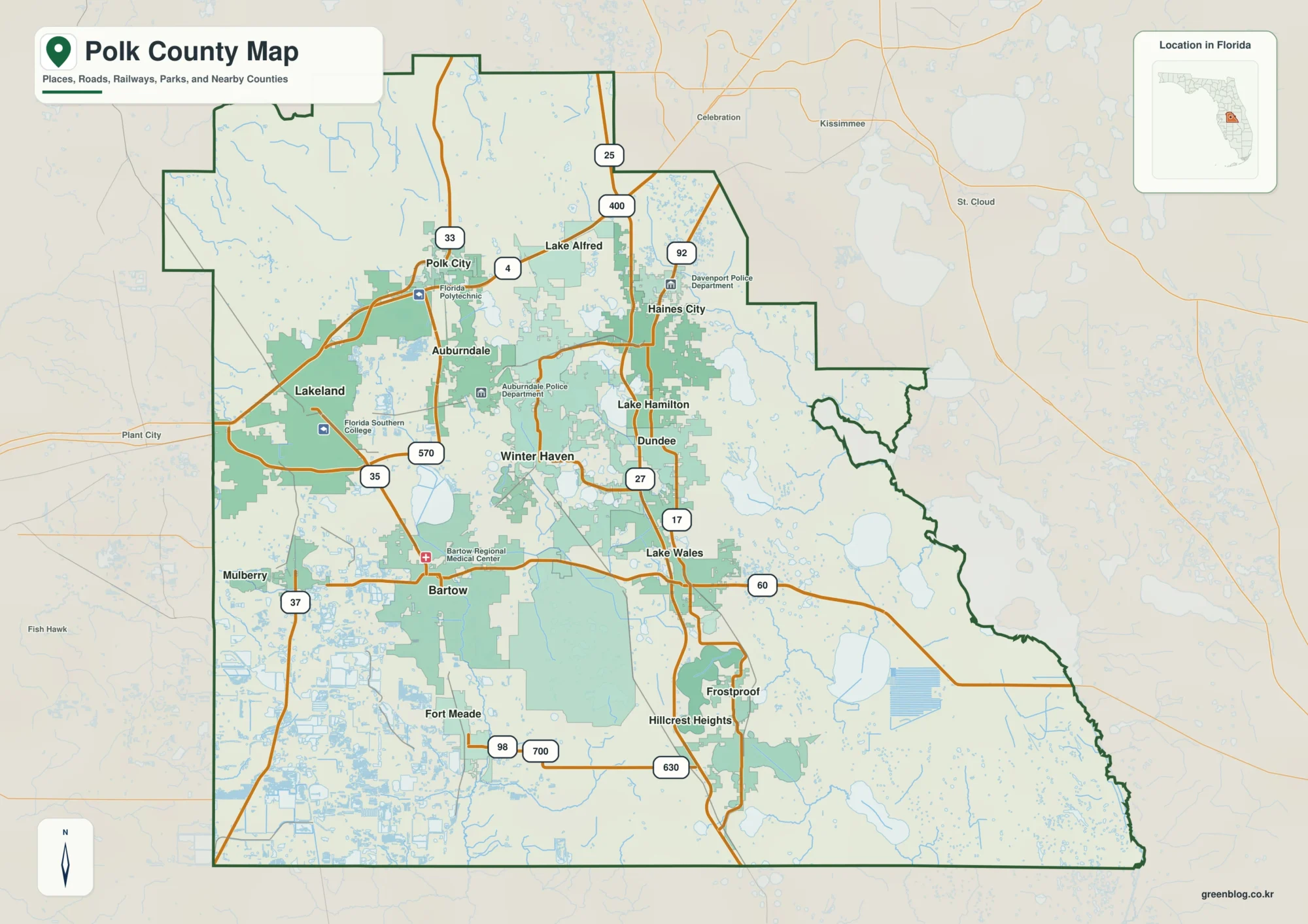 Polk County Florida map showing Bartow, Lakeland, Winter Haven