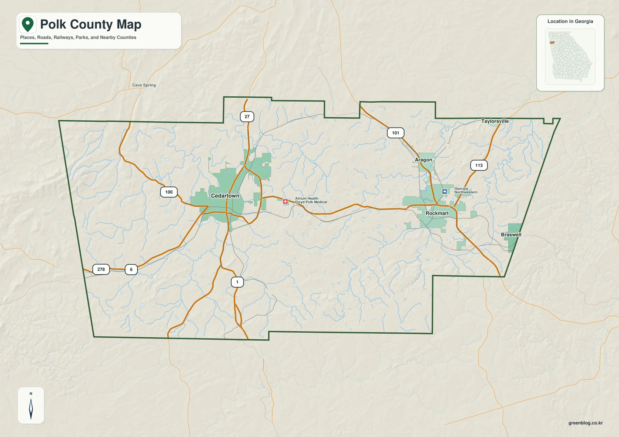 Polk County Georgia map showing the county boundary and selected places