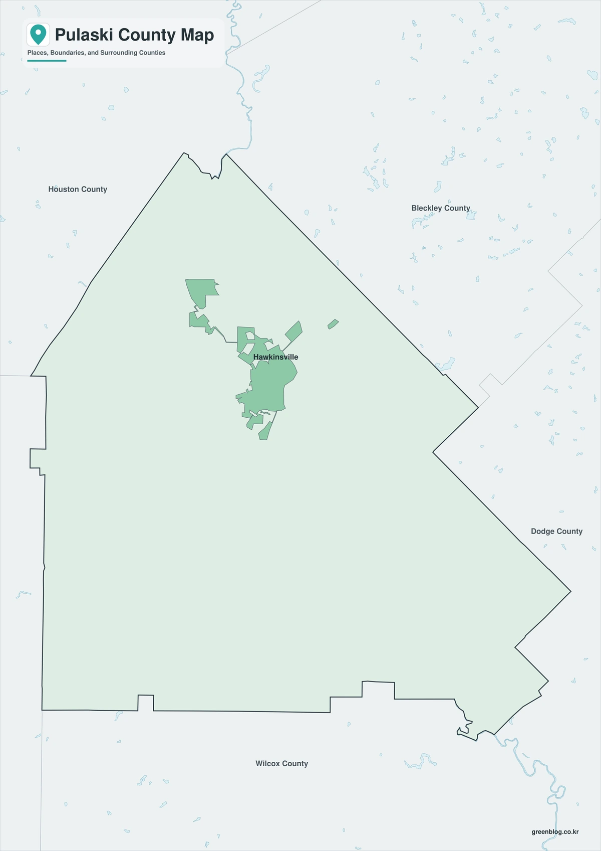 Pulaski County Georgia map in color black and white and outline versions