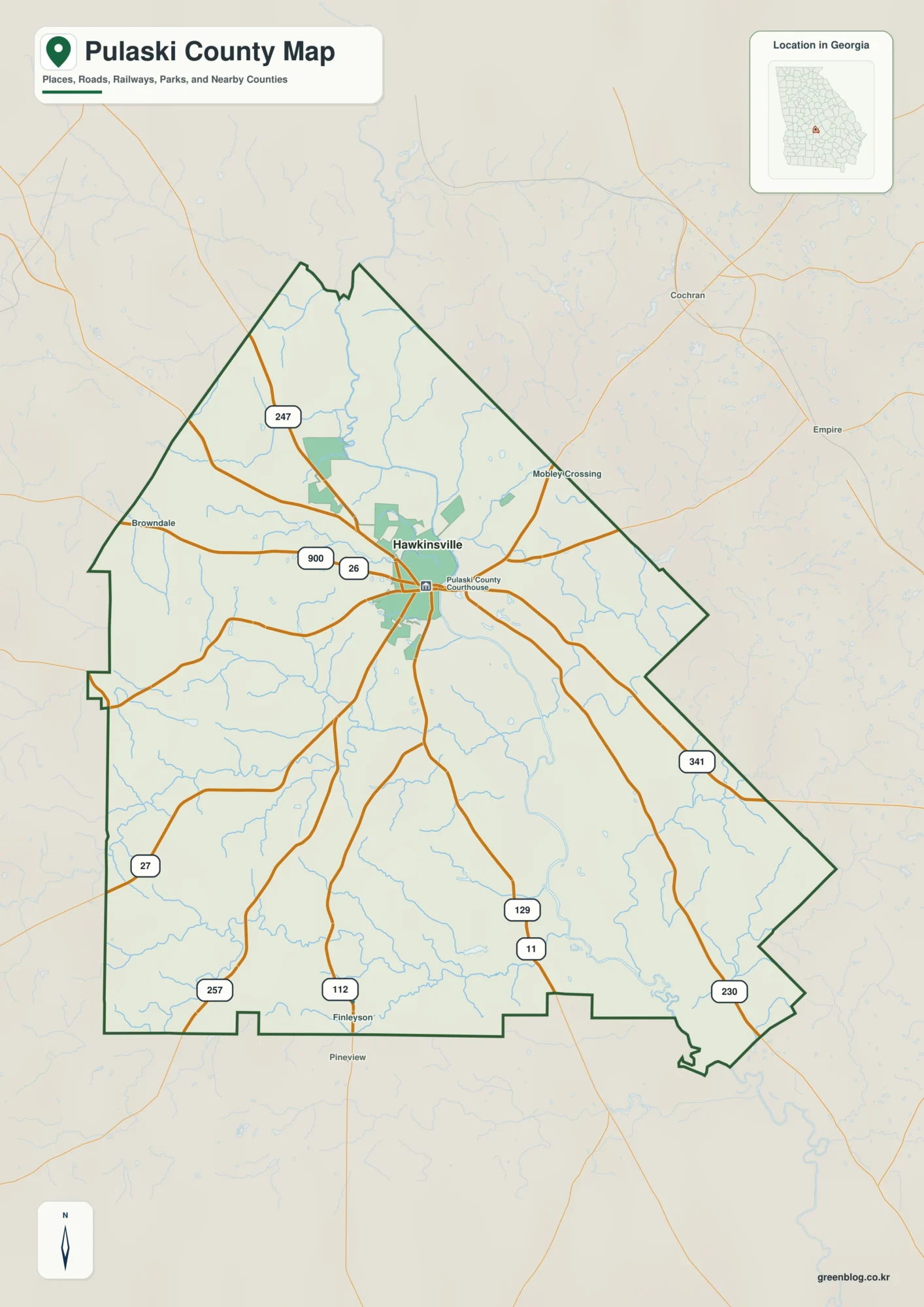 풀라스키 카운티 Pulaski County 조지아 지도에 표시된 카운티 경계와 주요 지명
