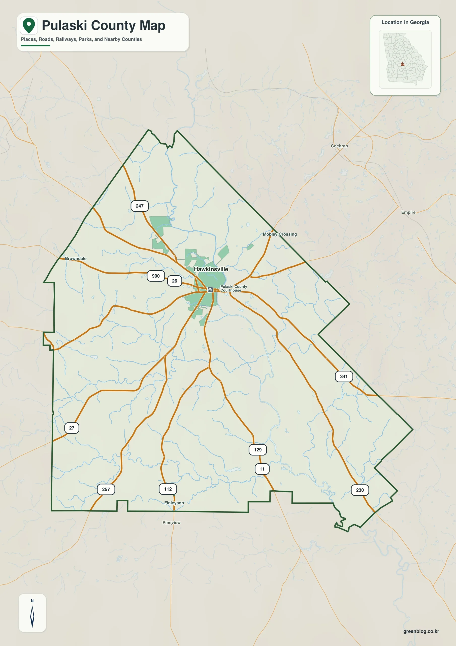 풀라스키 카운티 Pulaski County 조지아 지도에 표시된 카운티 경계와 주요 지명