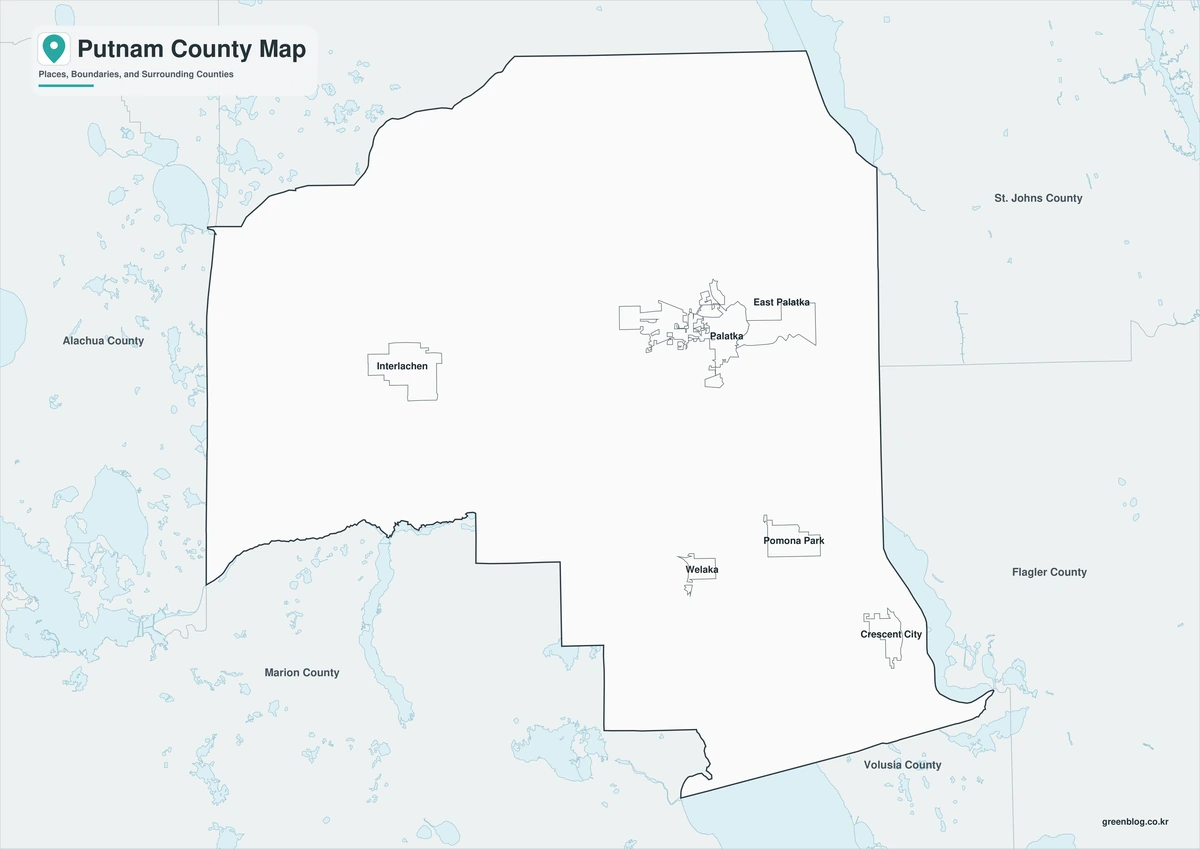 Black-and-white Putnam County map with selected place labels