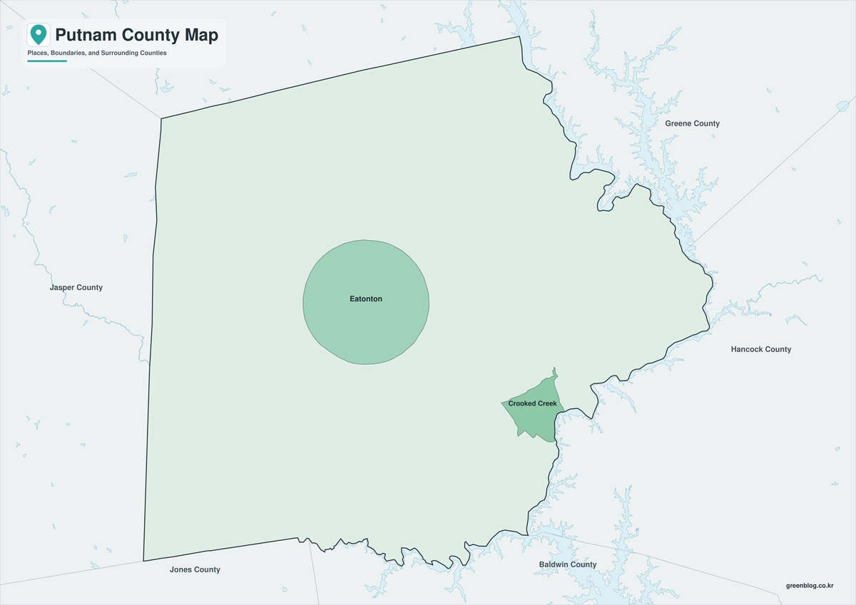 조지아주 퍼트넘 카운티 지도(Putnam County) 색상 흑백 윤곽선 3종