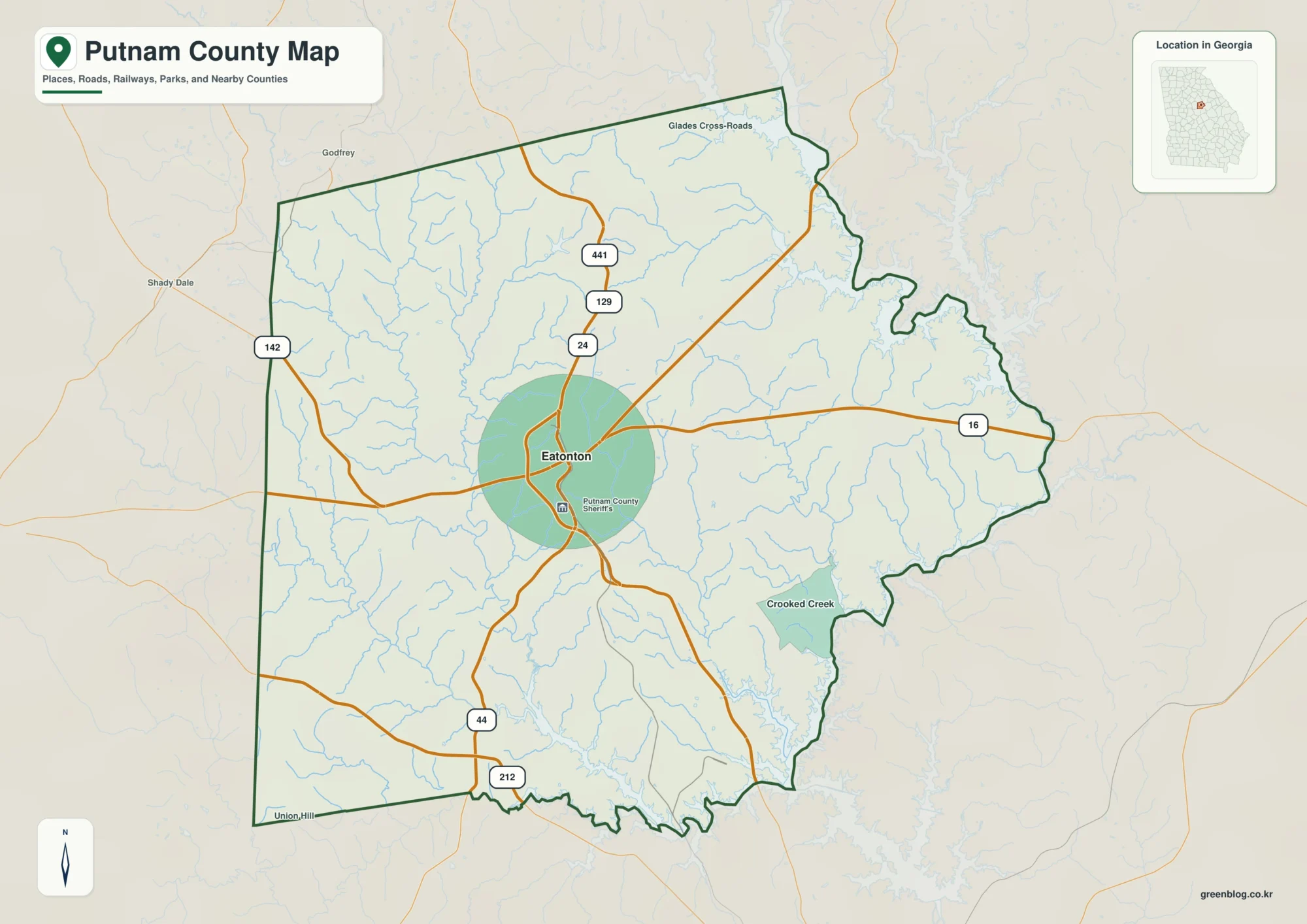 Putnam County Georgia map showing the county boundary and selected places