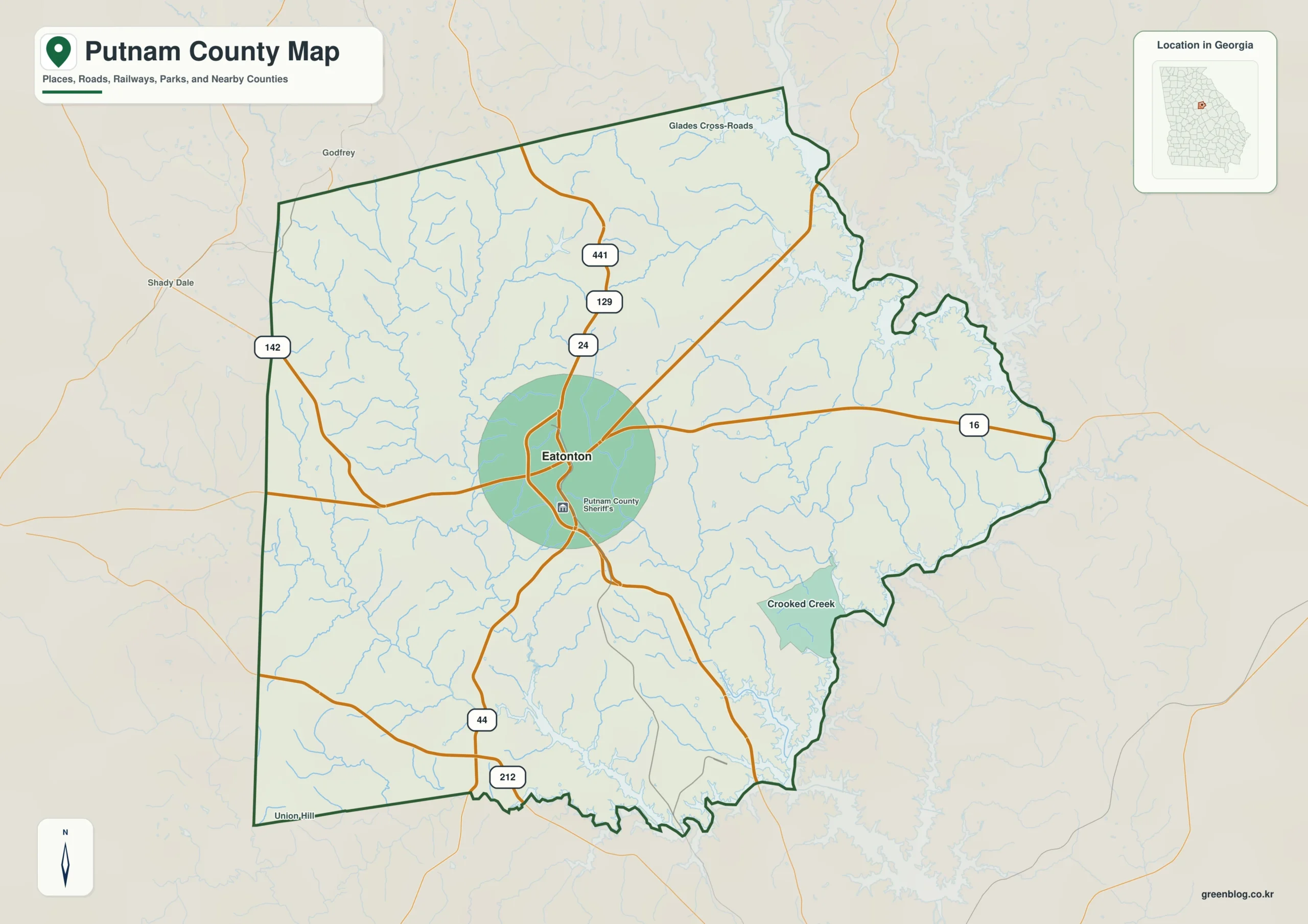 Putnam County Georgia map showing the county boundary and selected places