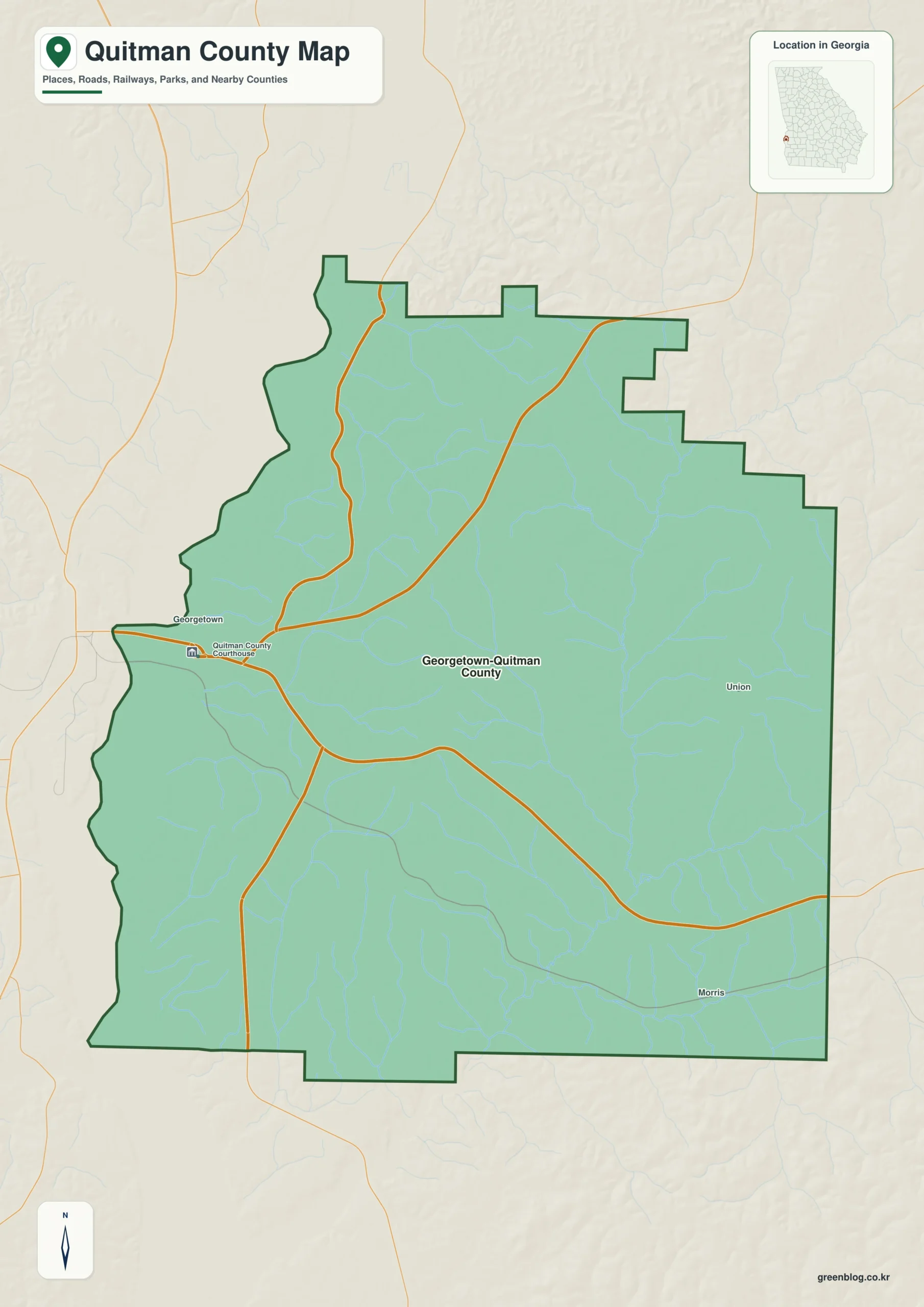 Quitman County Georgia map showing the county boundary and selected places