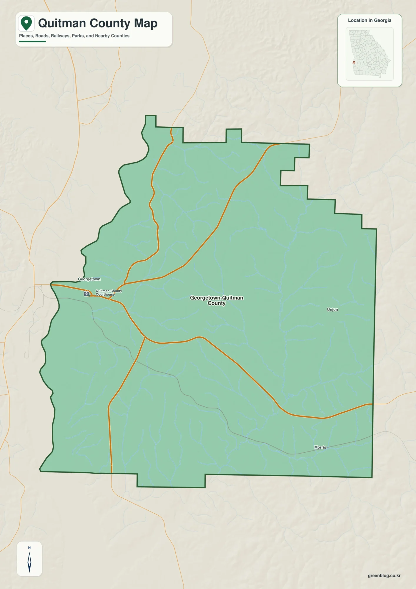 퀴트먼 카운티 Quitman County 조지아 지도에 표시된 카운티 경계와 주요 지명
