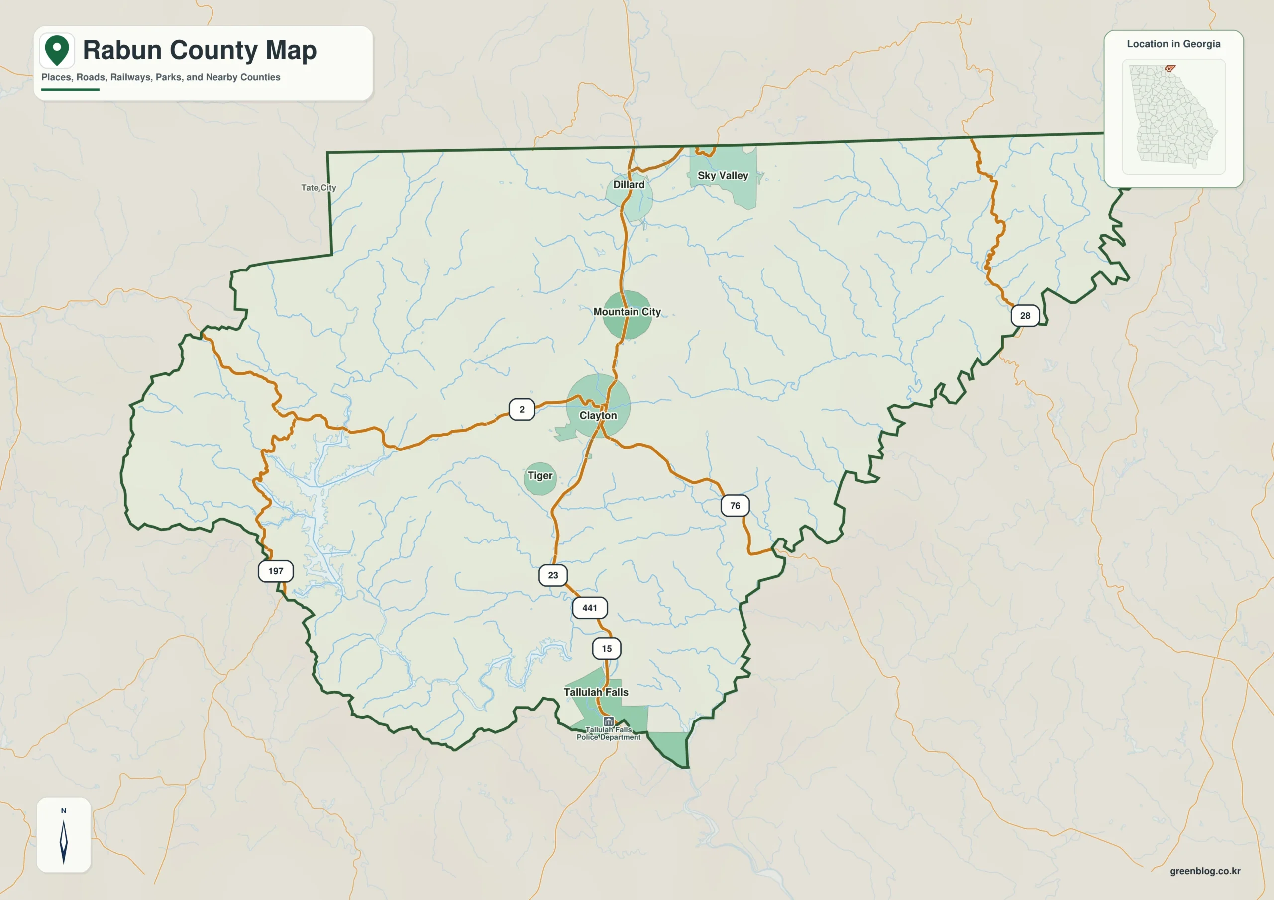 Rabun County Georgia map showing the county boundary and selected places