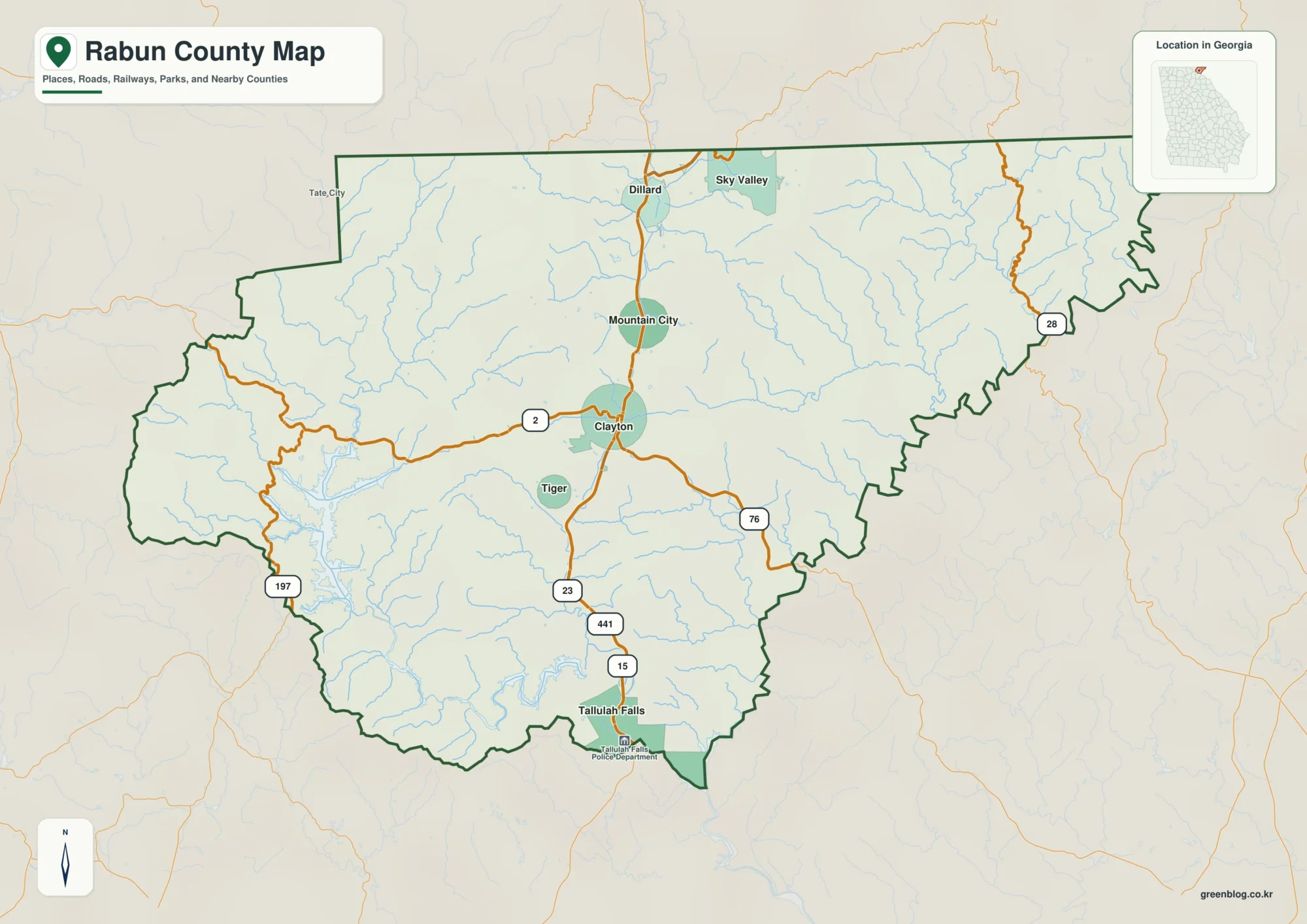 레이번 카운티 Rabun County 조지아 지도에 표시된 카운티 경계와 주요 지명