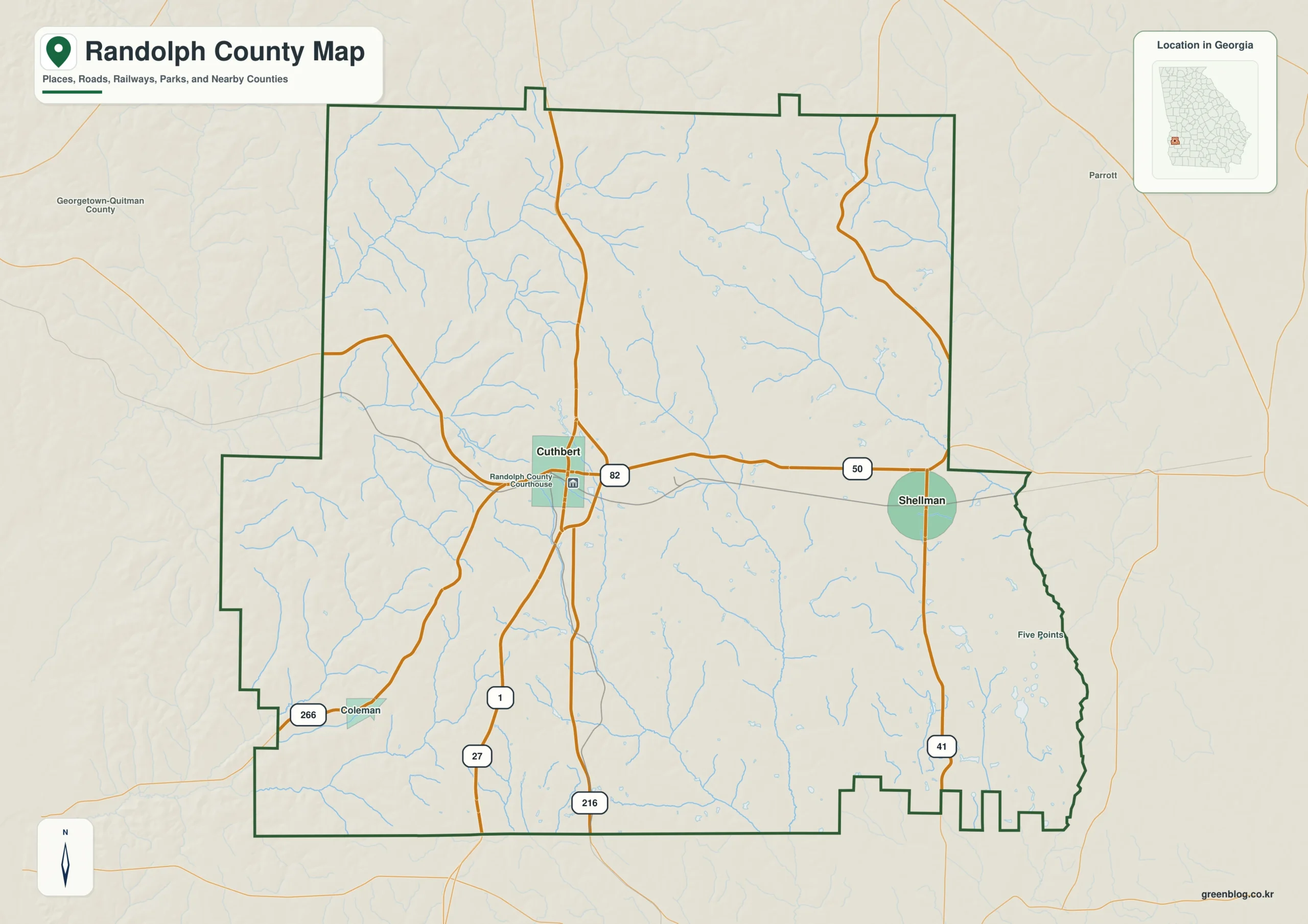 Randolph County Georgia map showing the county boundary and selected places
