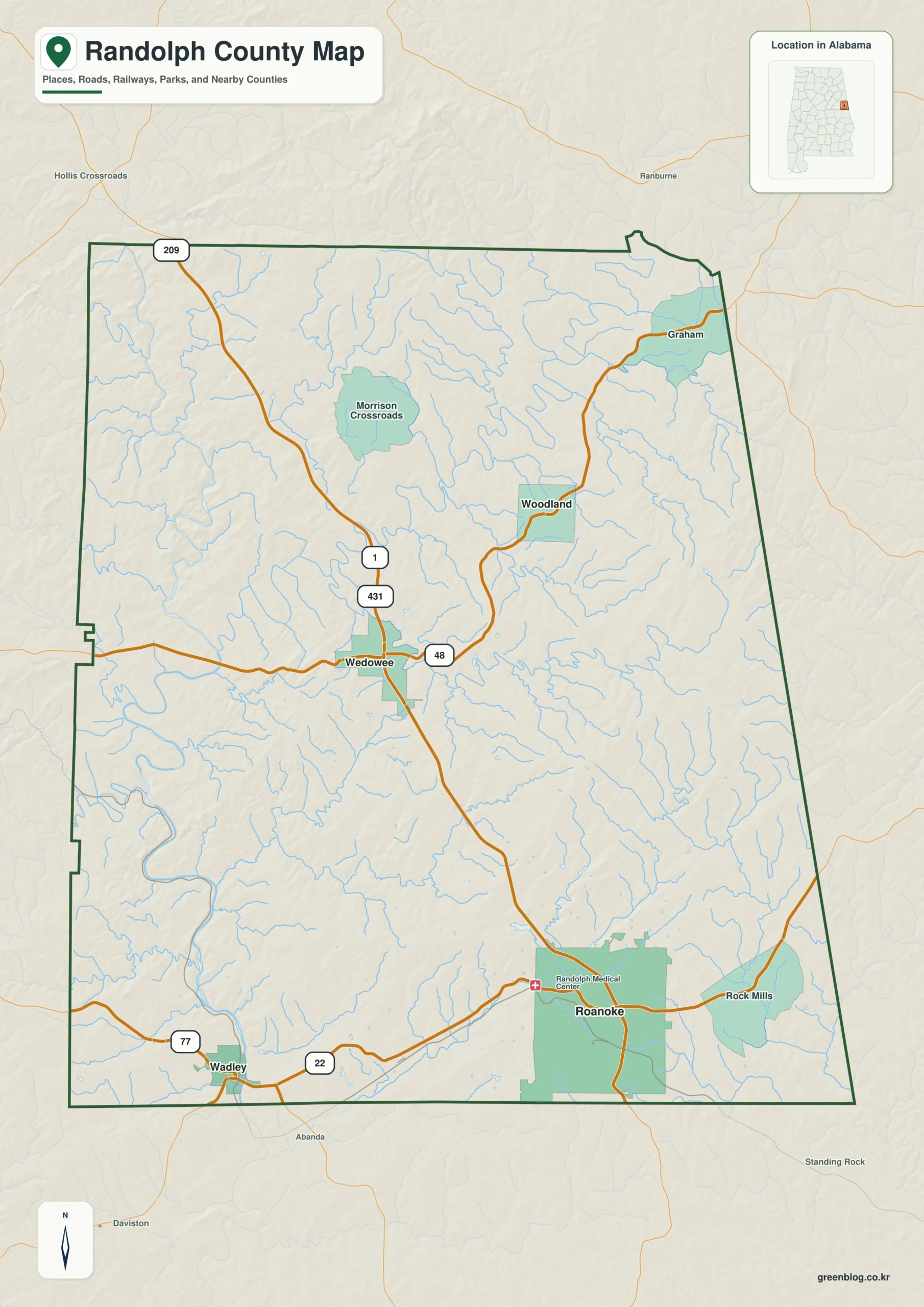 Randolph County Alabama map showing the county boundary and selected places