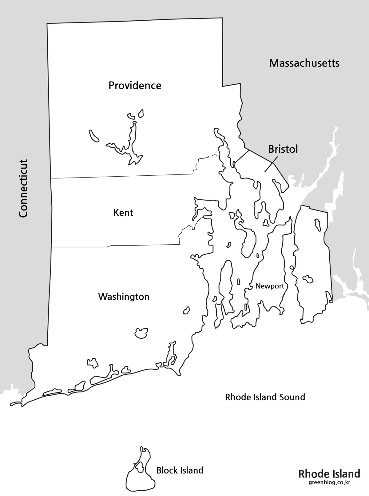 Black and white Rhode Island map with county boundary lines for printing.