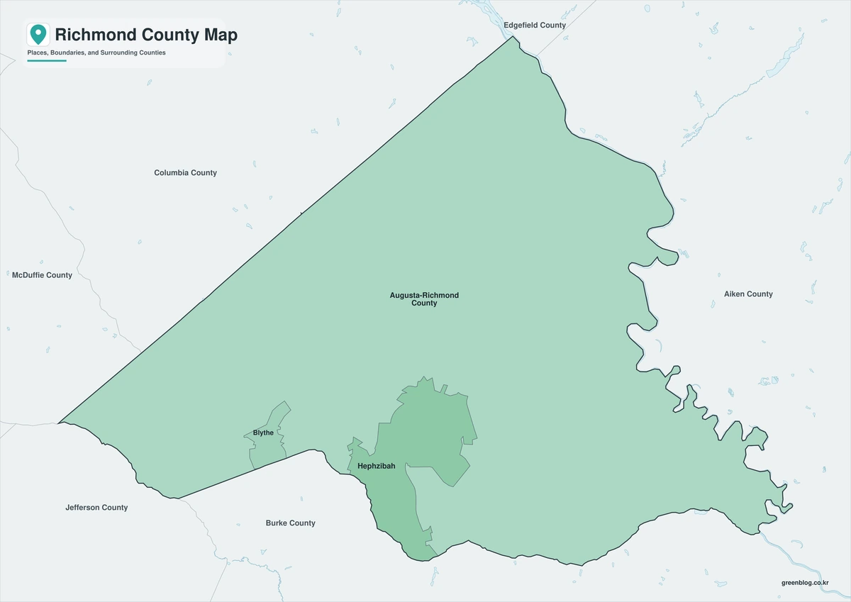 조지아주 리치먼드 카운티 지도(Richmond County) 색상·흑백·윤곽선 미리보기