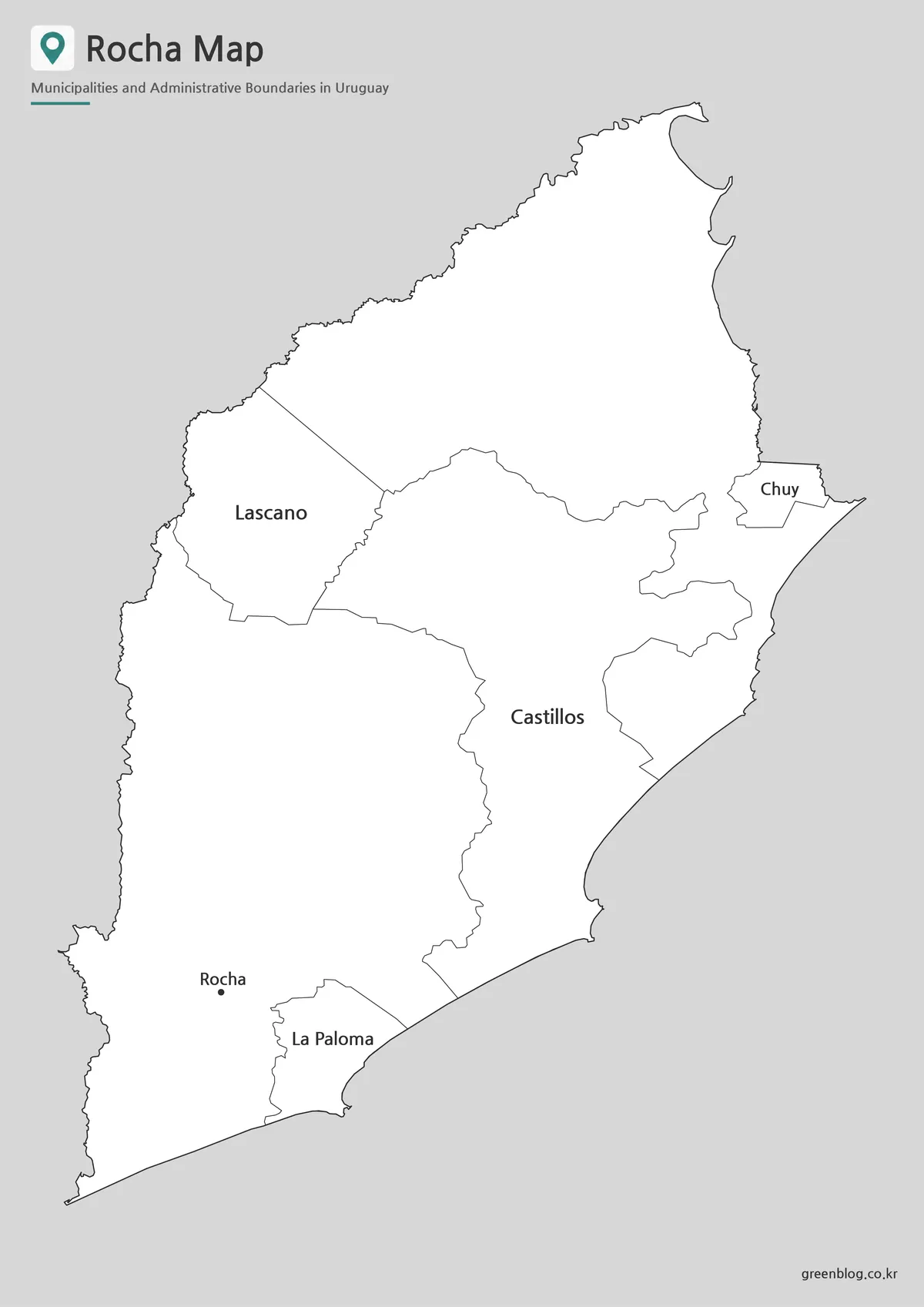 Printable black and white map of Rocha with four labeled municipality areas