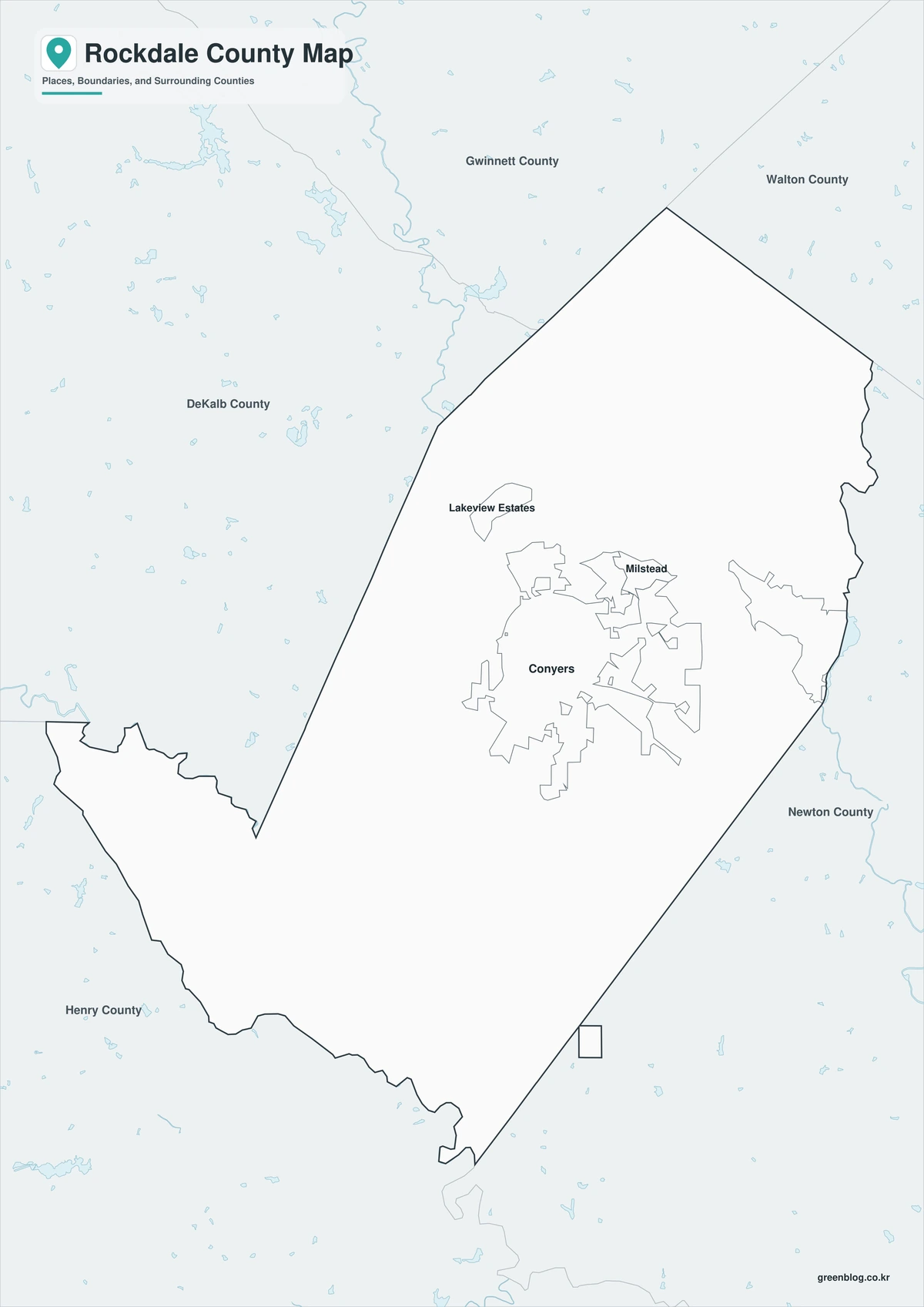 Black and white Rockdale County map with selected local labels