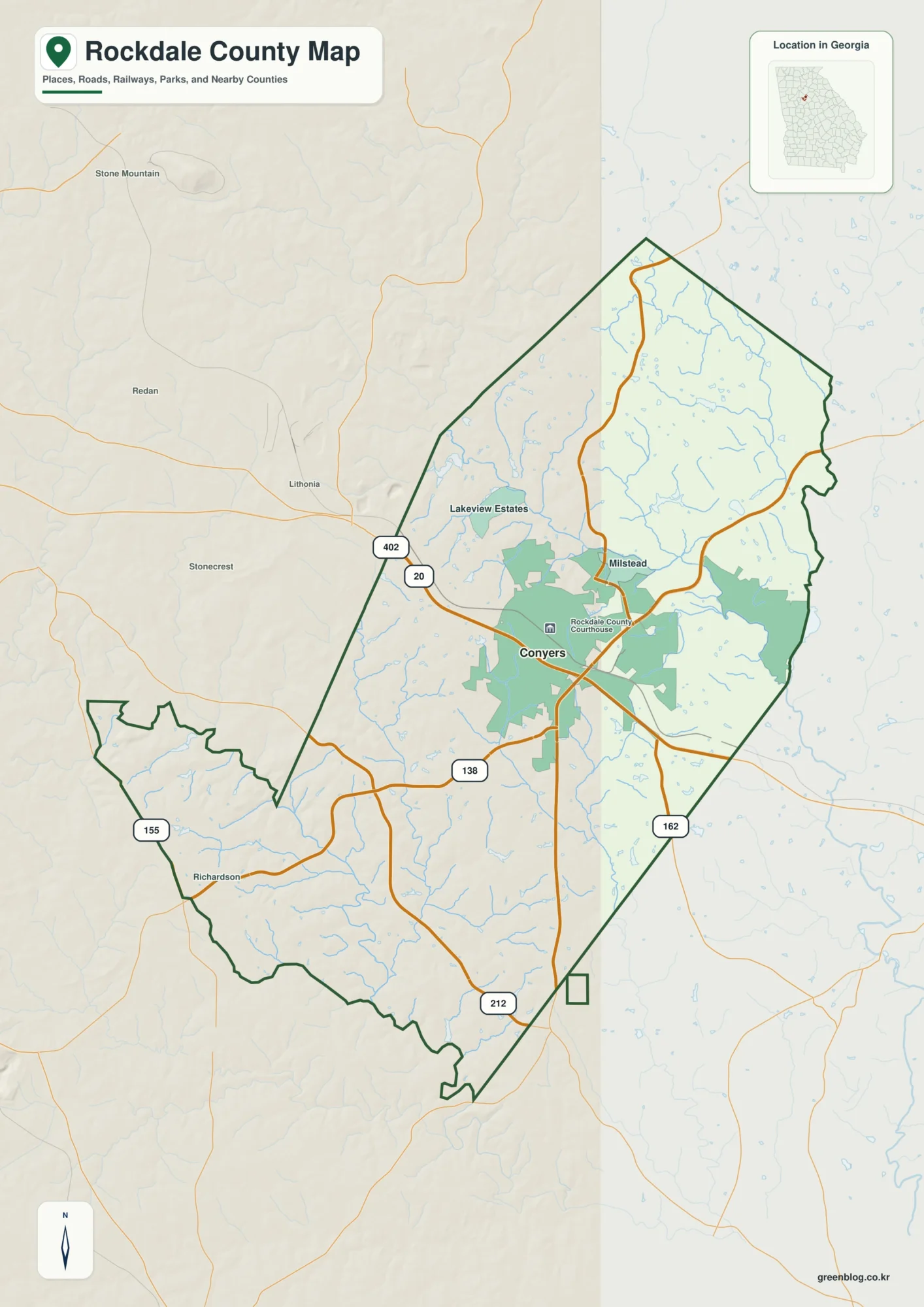 록데일 카운티 Rockdale County 조지아 지도에 표시된 카운티 경계와 주요 지명