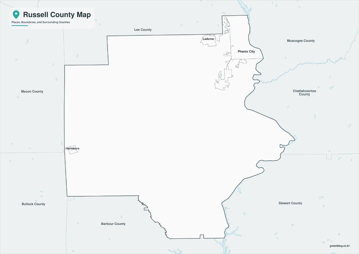 Russell County map black-and-white edition with selected communities and river boundary