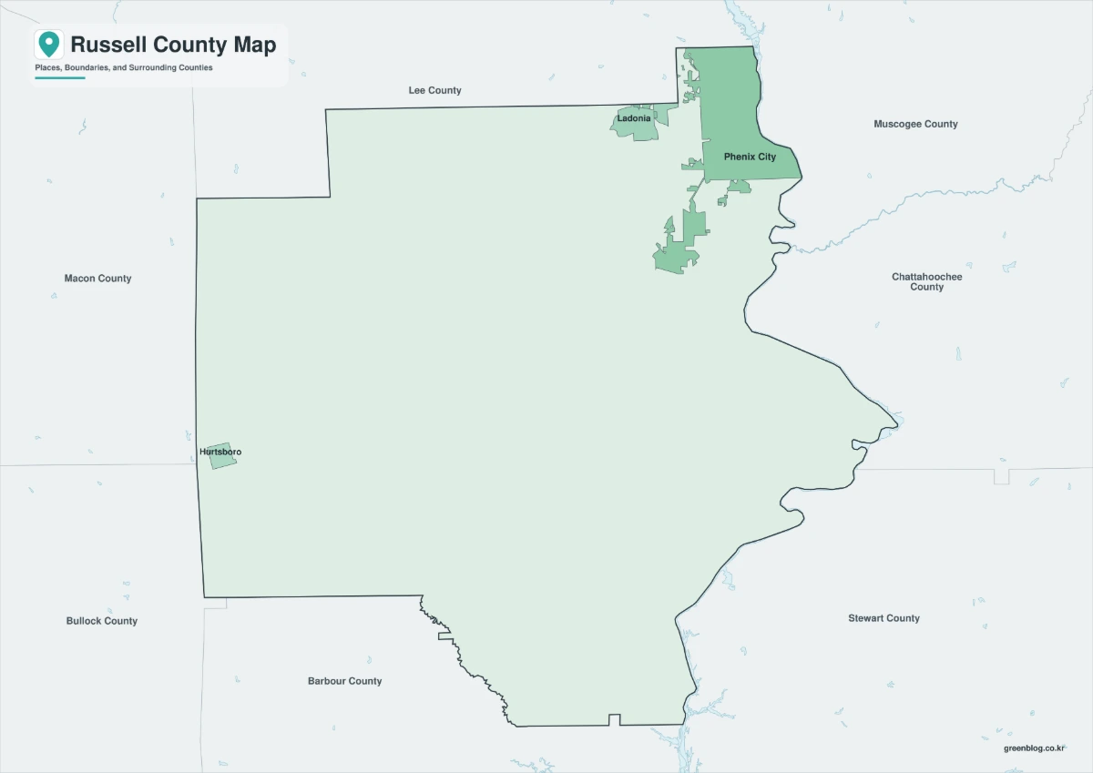 Russell County map featuring color, black-and-white, and outline versions