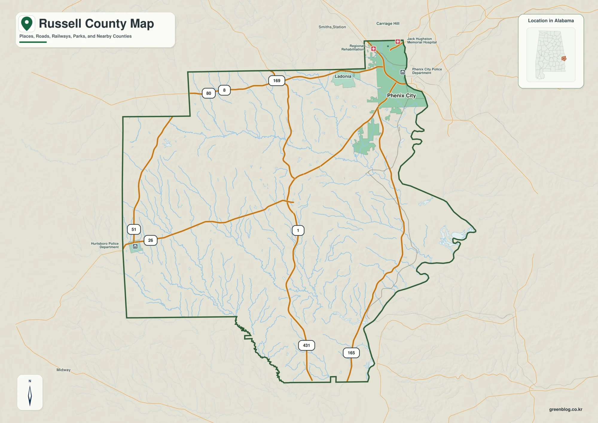 러셀 카운티 Russell County 앨라배마 지도에서 카운티 경계와 주요 지명을 확인하는 지도