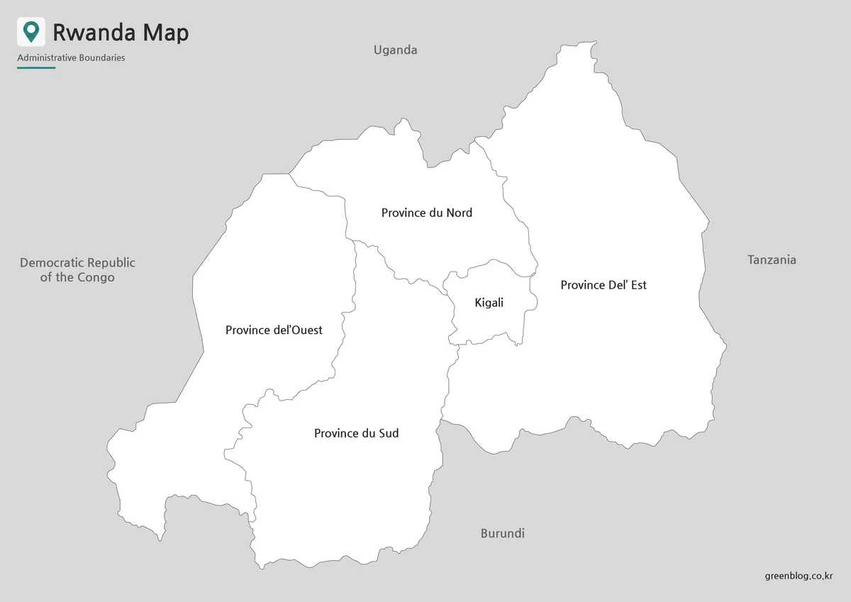 Printable Rwanda black and white map with regional boundaries for classroom use