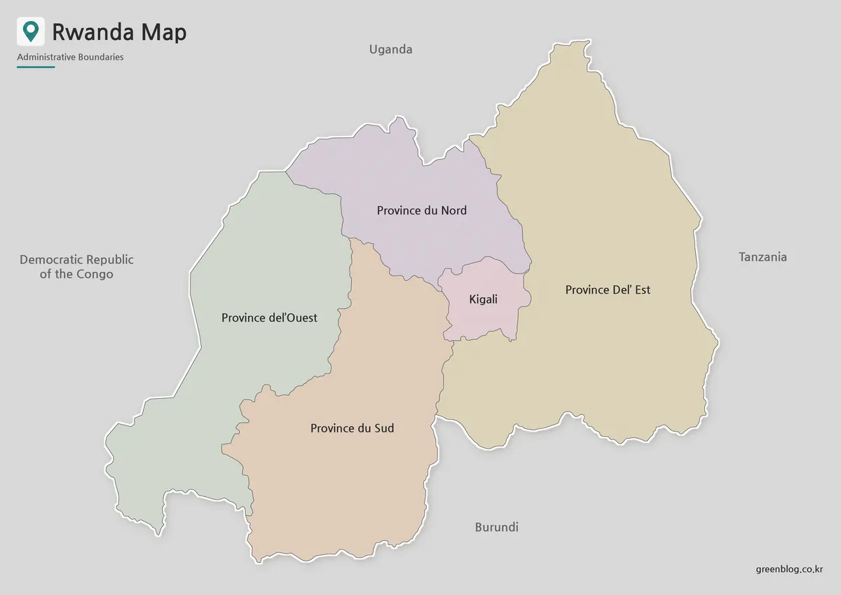 Rwanda Map with color-coded administrative regions and Kigali for printable reference