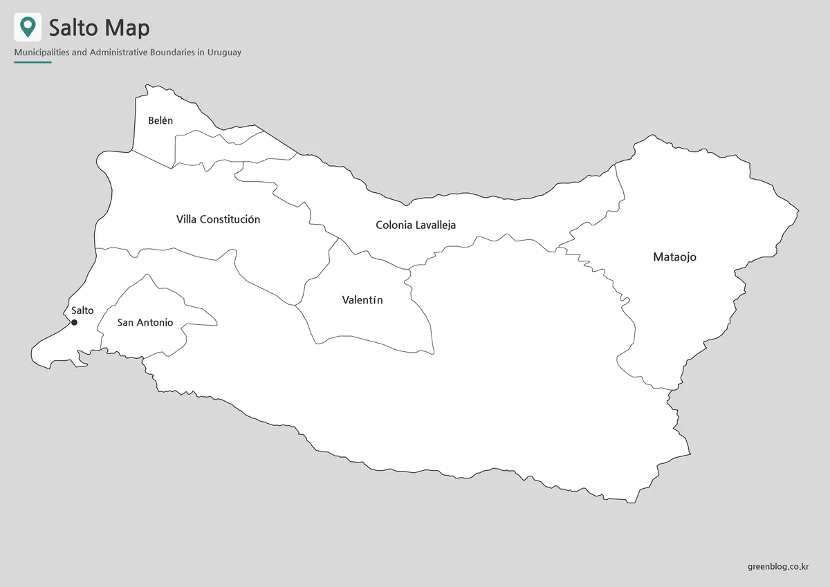 Salto map with labeled municipality boundaries and the capital marked by a point