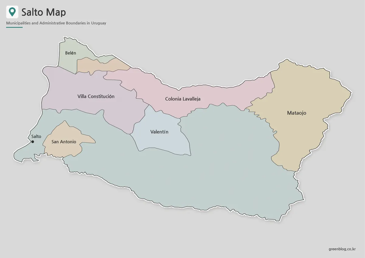 Salto map collection showing the capital and six municipality boundaries in Uruguay