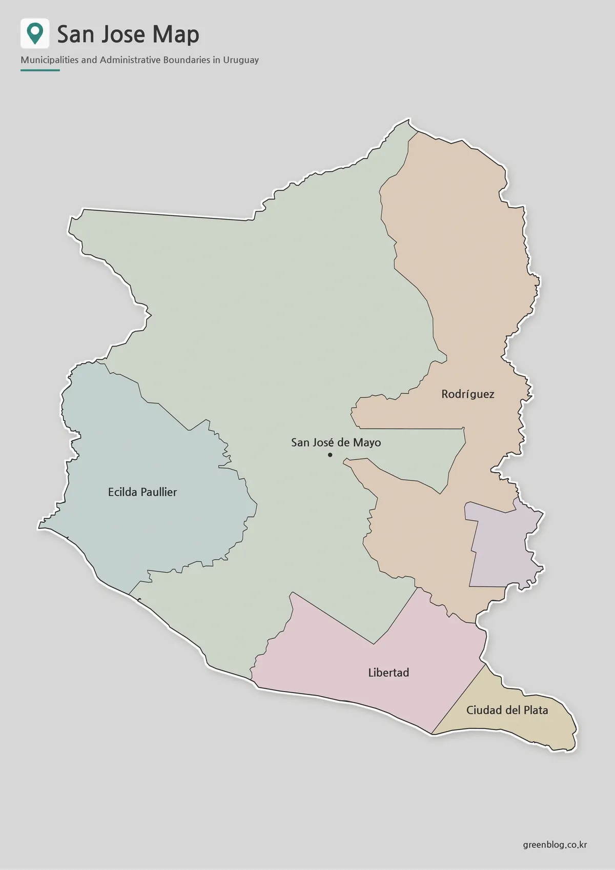 San José map collection showing San José de Mayo and four municipality areas in southern Uruguay
