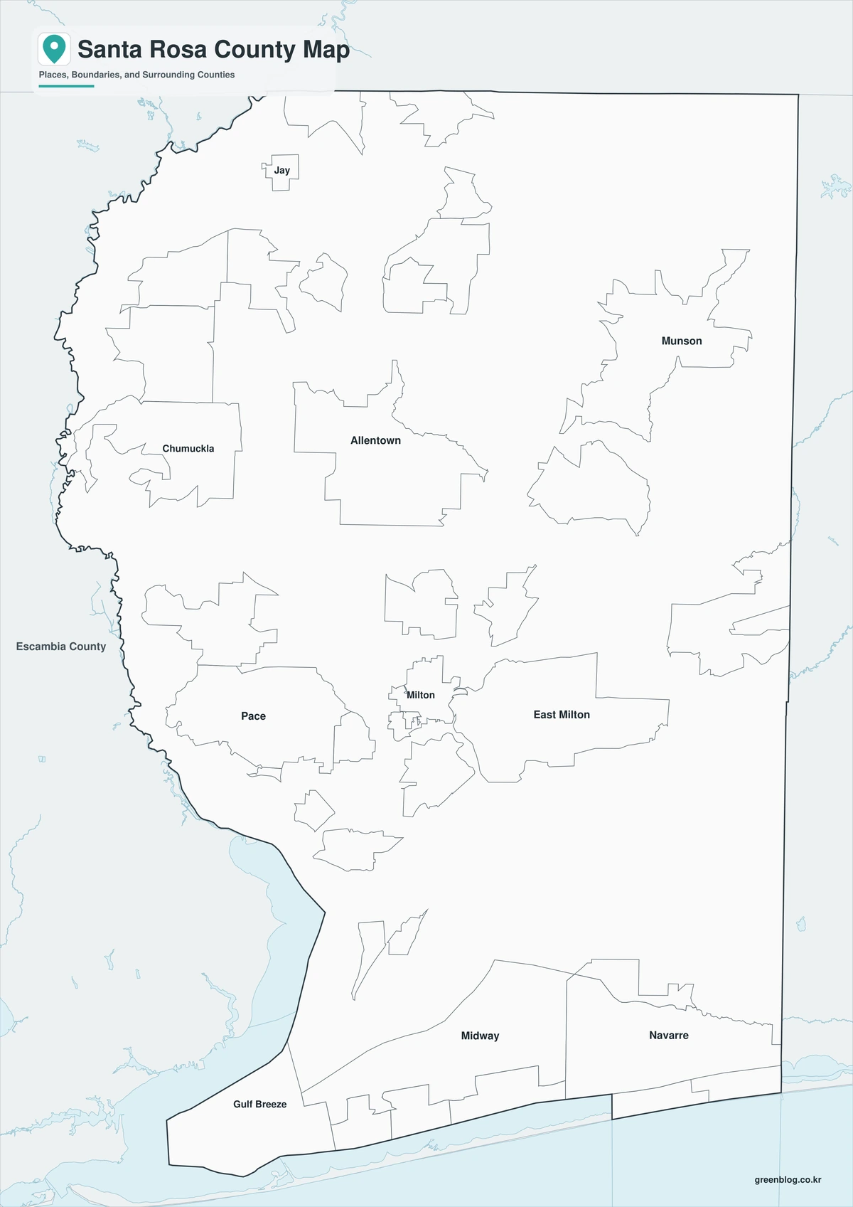 Black-and-white Santa Rosa County map with selected place labels